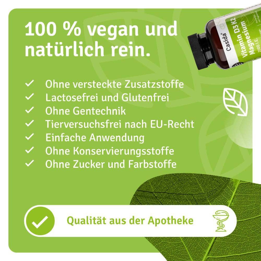 Grüner Hintergrund mit Text: 100% vegan und natürlich rein. Ohne versteckte Zusatzstoffe. Apothekenqualität.