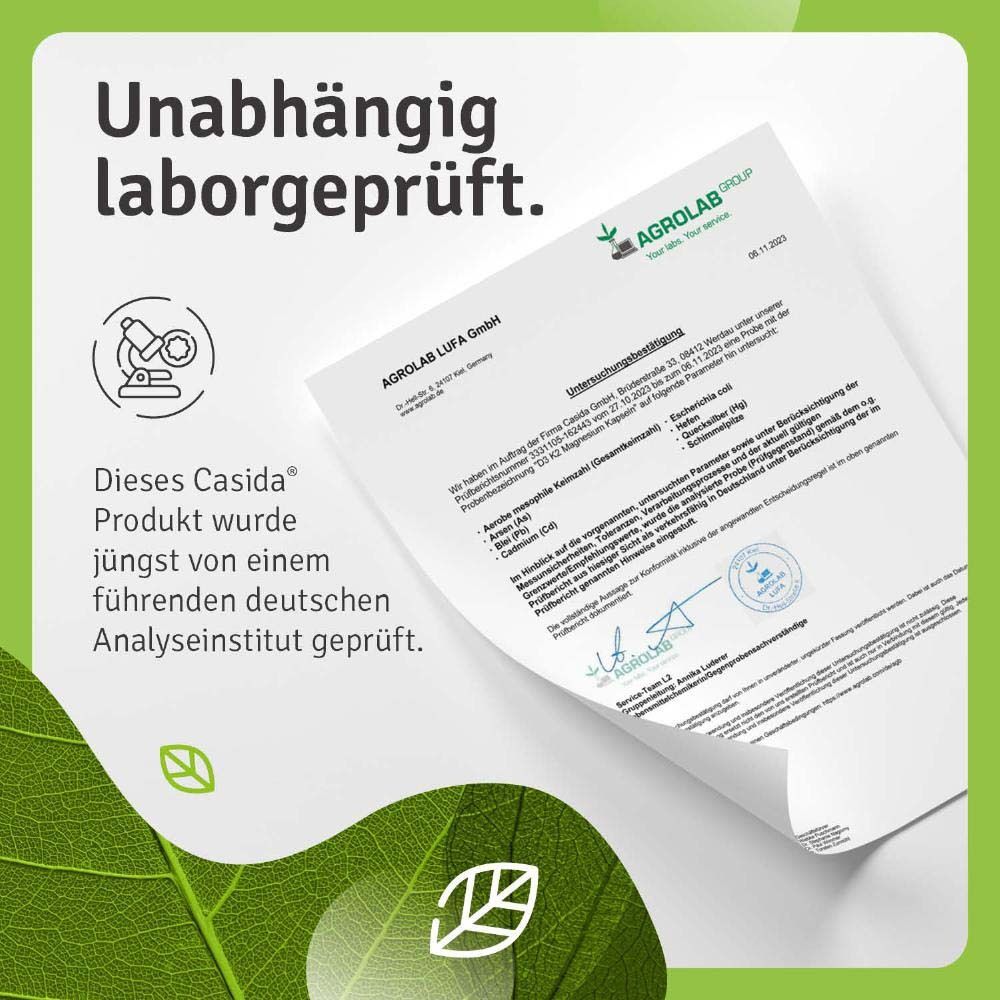 Weißes Blatt mit Text: Unabhängig laborgeprüft. Zertifikat von AGROLAB LUFA. Casida Produkt geprüft.