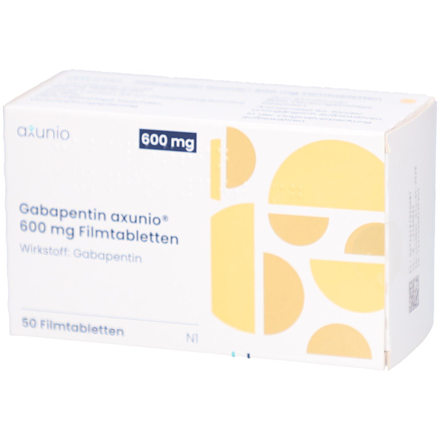 Schachtel mit GABAPENTIN axunio 600 mg Filmtabletten. Aufschrift: 600 mg, 50 Filmtabletten. Gelbe geometrische Muster.
