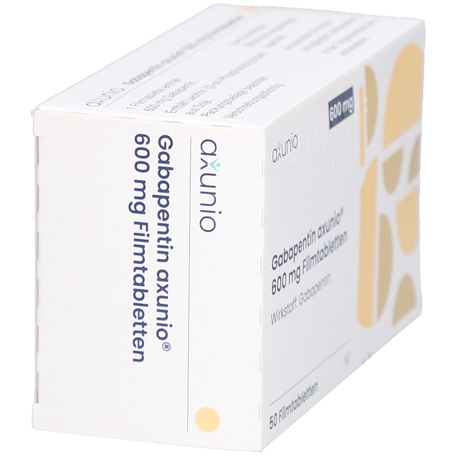 Schachtel mit GABAPENTIN axunio 600 mg Filmtabletten. Aufschrift: 600 mg, 50 Filmtabletten. Gelbe geometrische Muster.
