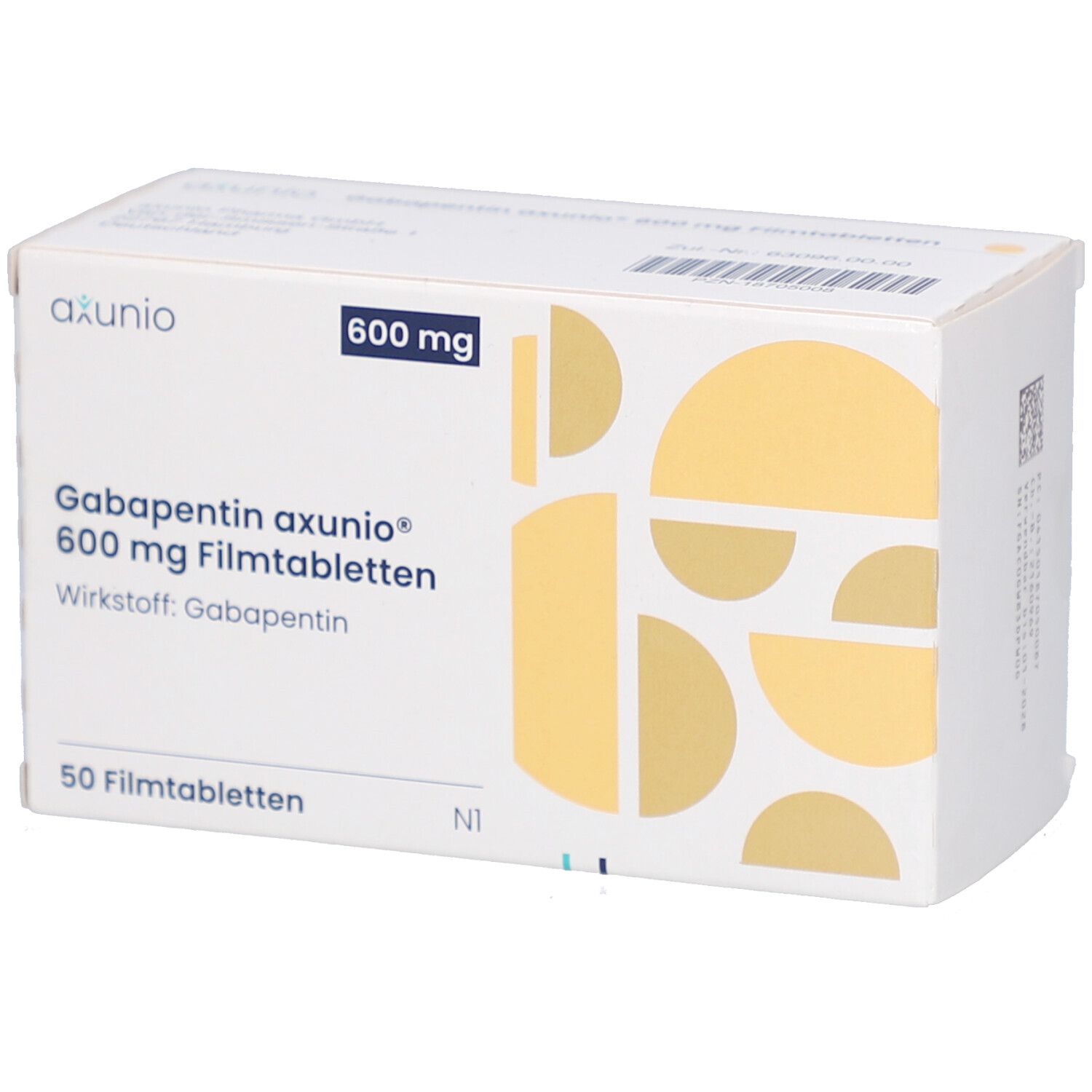 Schachtel mit GABAPENTIN axunio 600 mg Filmtabletten. Aufschrift: 600 mg, 50 Filmtabletten. Gelbe geometrische Muster.