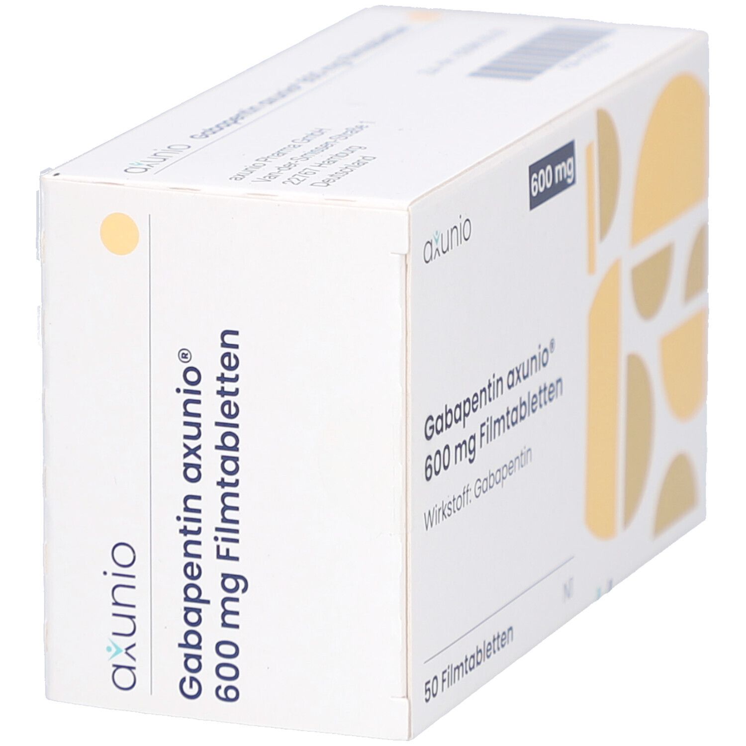 Schachtel mit GABAPENTIN axunio 600 mg Filmtabletten. Aufschrift: 600 mg, 50 Filmtabletten. Gelbe geometrische Muster.