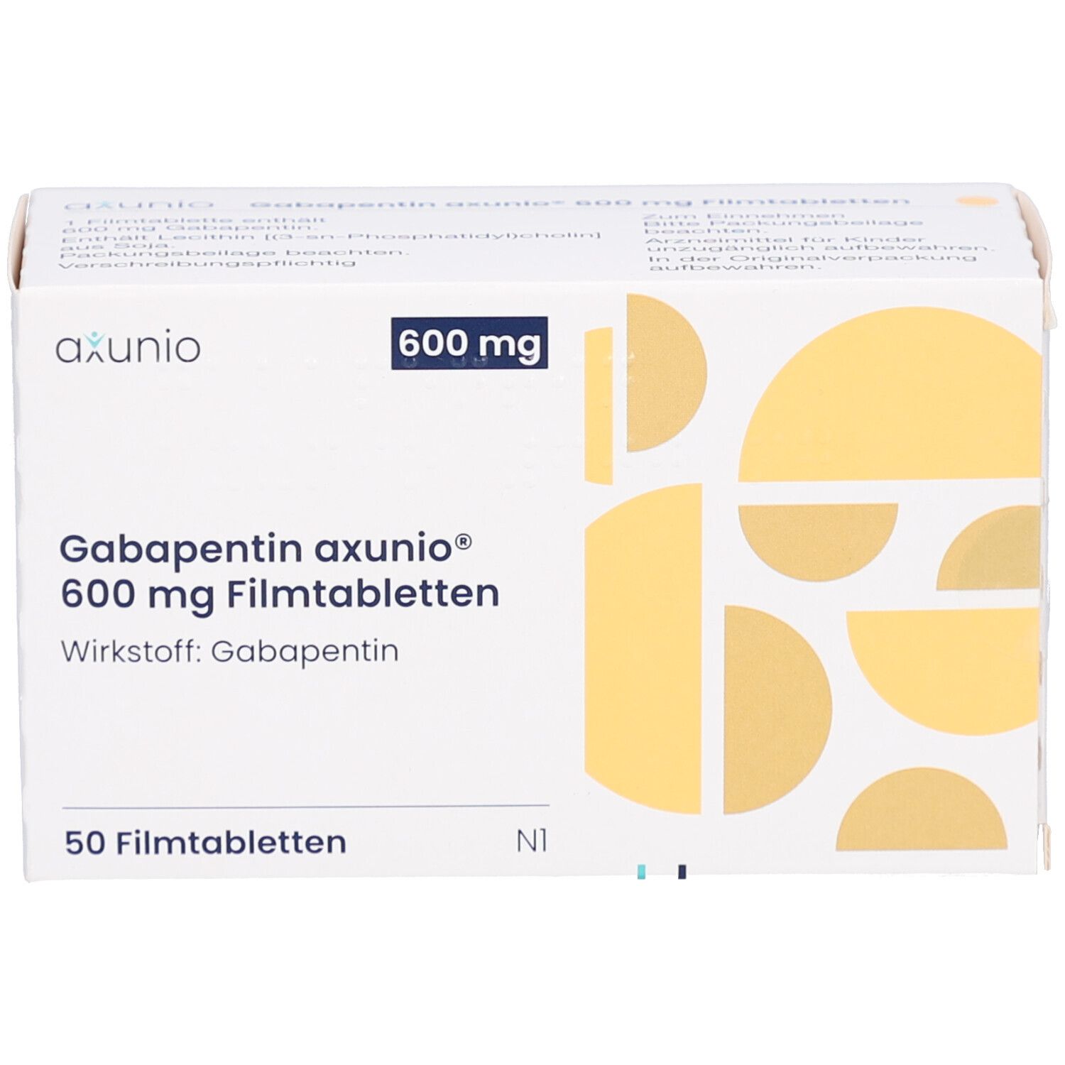 Schachtel mit GABAPENTIN axunio 600 mg Filmtabletten. Aufschrift: 600 mg, 50 Filmtabletten. Gelbe geometrische Muster.