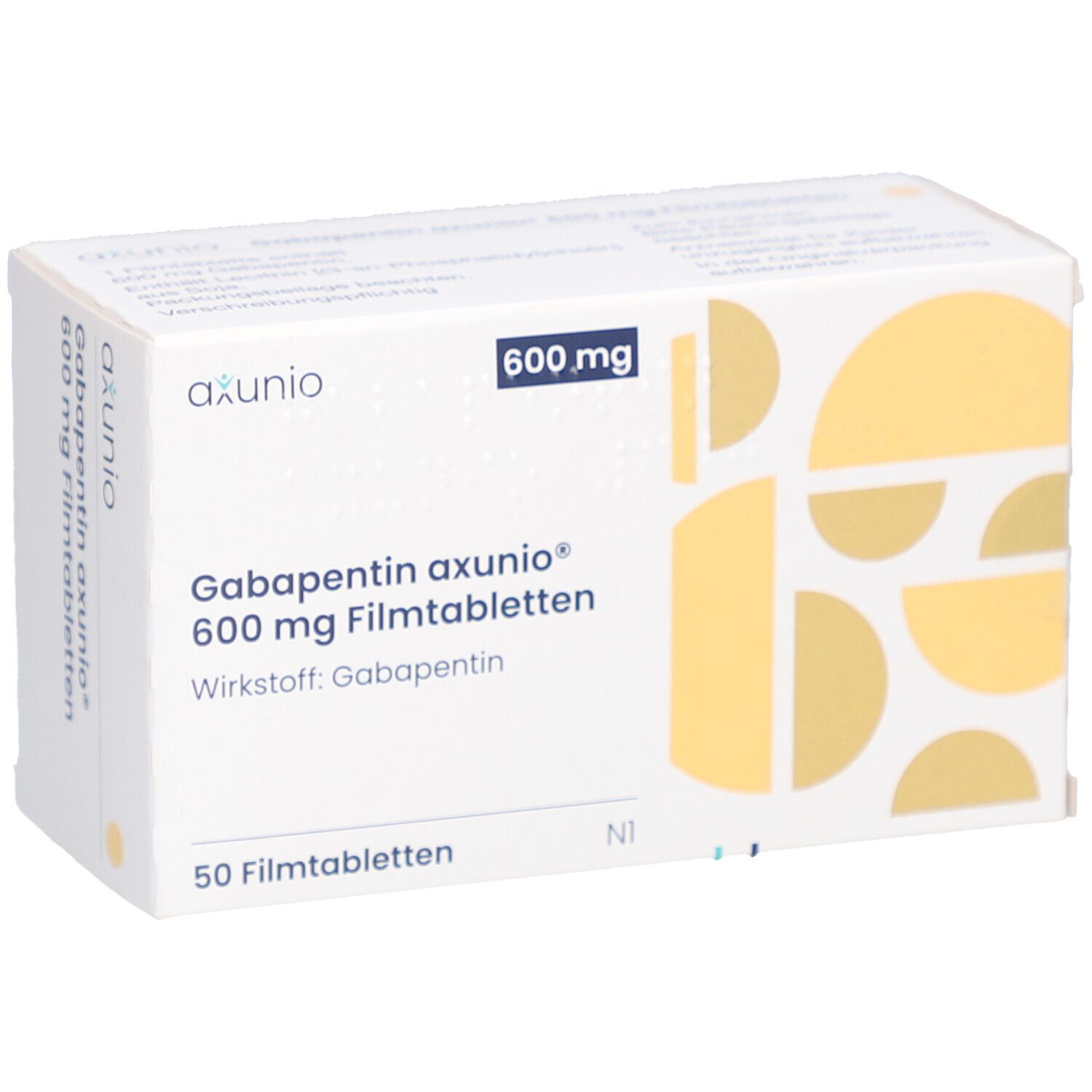 Schachtel mit GABAPENTIN axunio 600 mg Filmtabletten. Aufschrift: 600 mg, 50 Filmtabletten. Gelbe geometrische Muster.