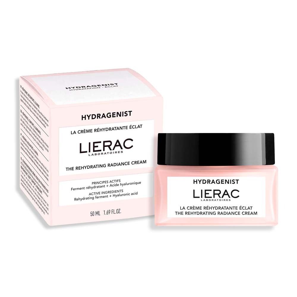 Rosa Creme-Tiegel und Schachtel. Aufkleber mit "HYDRAGENIST" und "LIERAC". Text: "LA CRÈME RÉHYDRATANTE ÉCLAT". 50 ml.