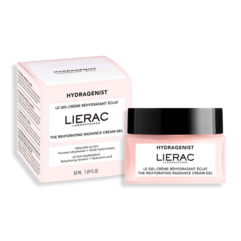 Rosa Schachtel und Tiegel mit schwarzem Deckel. Aufschrift: HYDRAGENIST, LIERAC, LE GEL-CRÈME RÉHYDRATANT ÉCLAT, THE REHYDRATING RADIANCE CREAM-GEL.