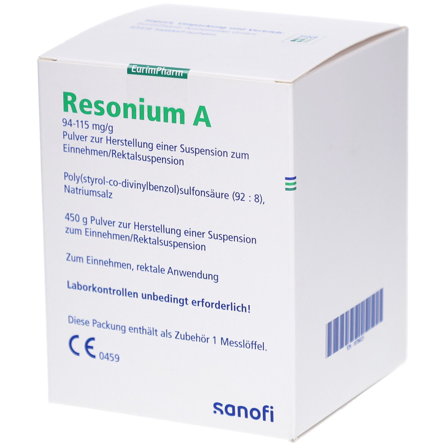 Weiße Faltschachtel mit grüner Aufschrift "Resonium A". Enthält Pulver zur Herstellung einer Suspension. Mit CE-Kennzeichnung.