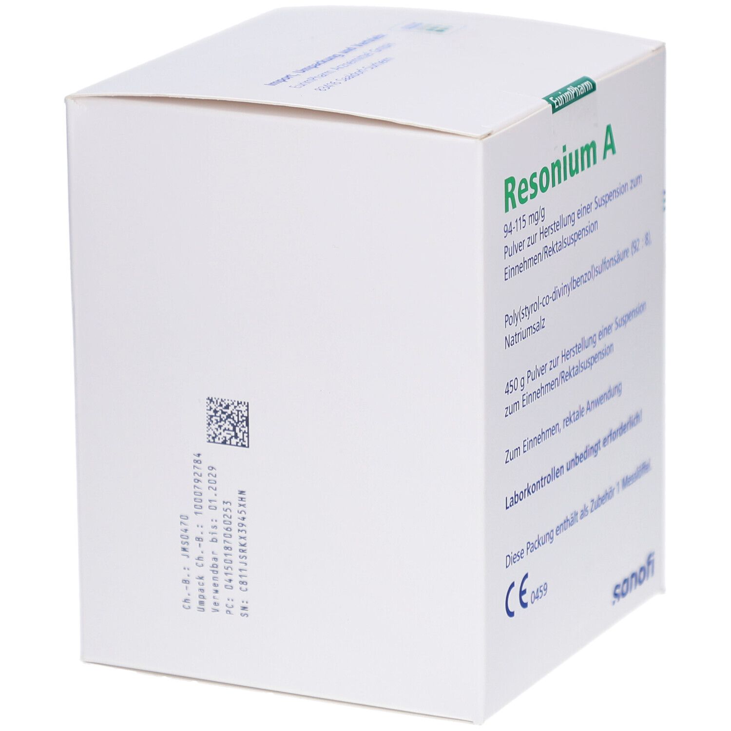Weiße Faltschachtel mit Barcode und QR-Code. Textinformationen auf der Verpackung. Sanofi-Logo unten rechts.