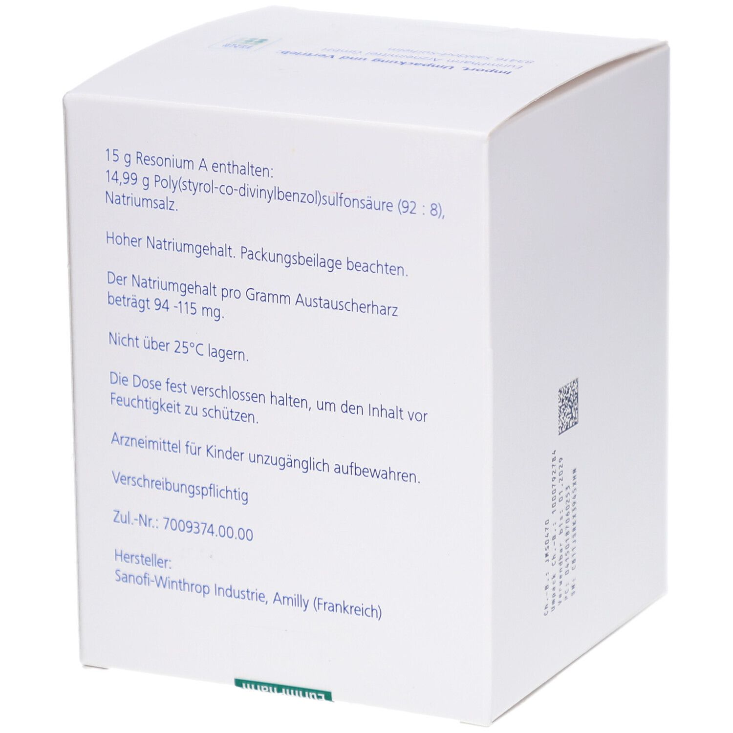 Weiße Faltschachtel mit Text. Enthält 15 g Resonium A. Hersteller: Sanofi-Winthrop Industrie, Amilly (Frankreich).