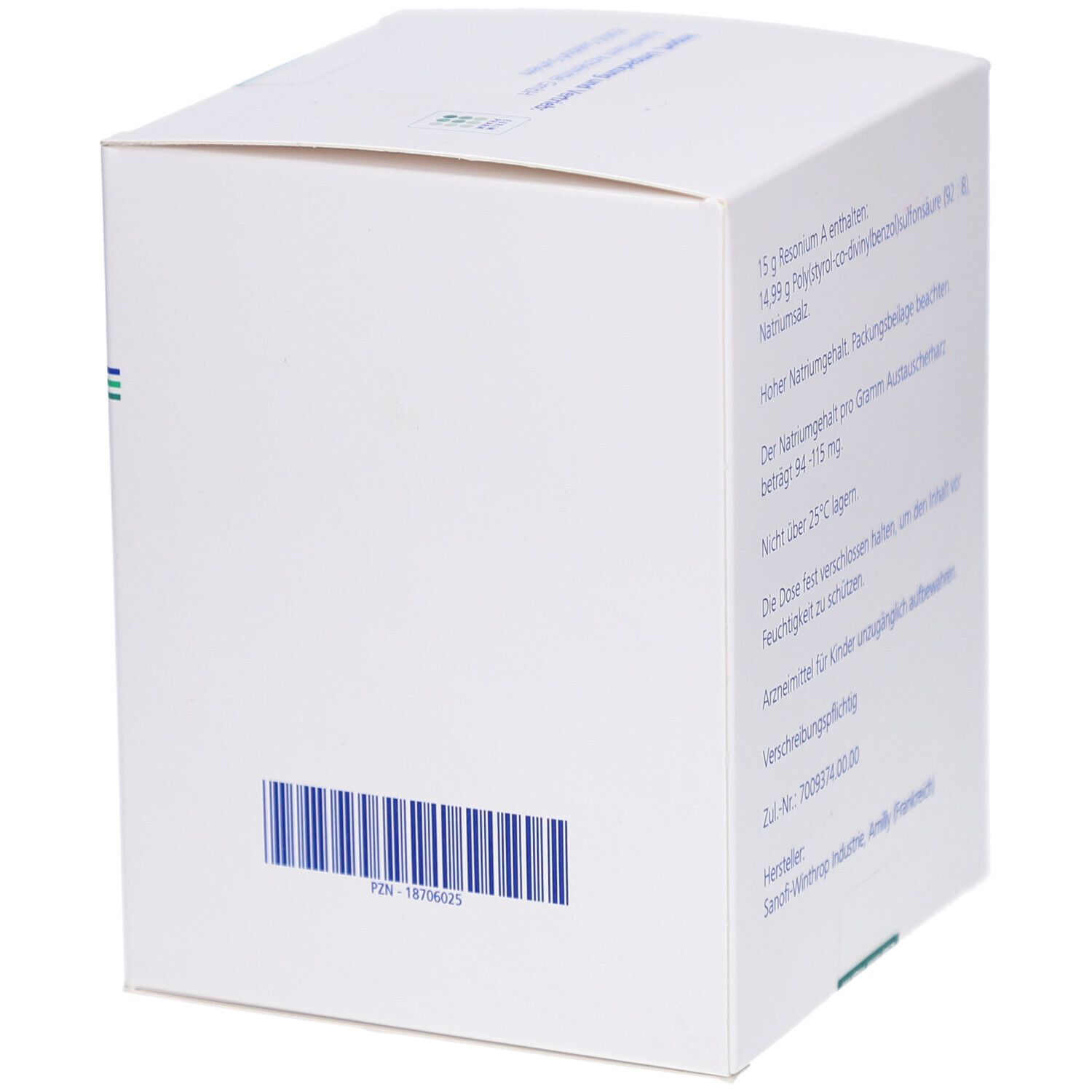 Weiße Faltschachtel mit Barcode. Textinformationen auf der Verpackung. Hersteller: Sanofi-Winthrop Industrie.