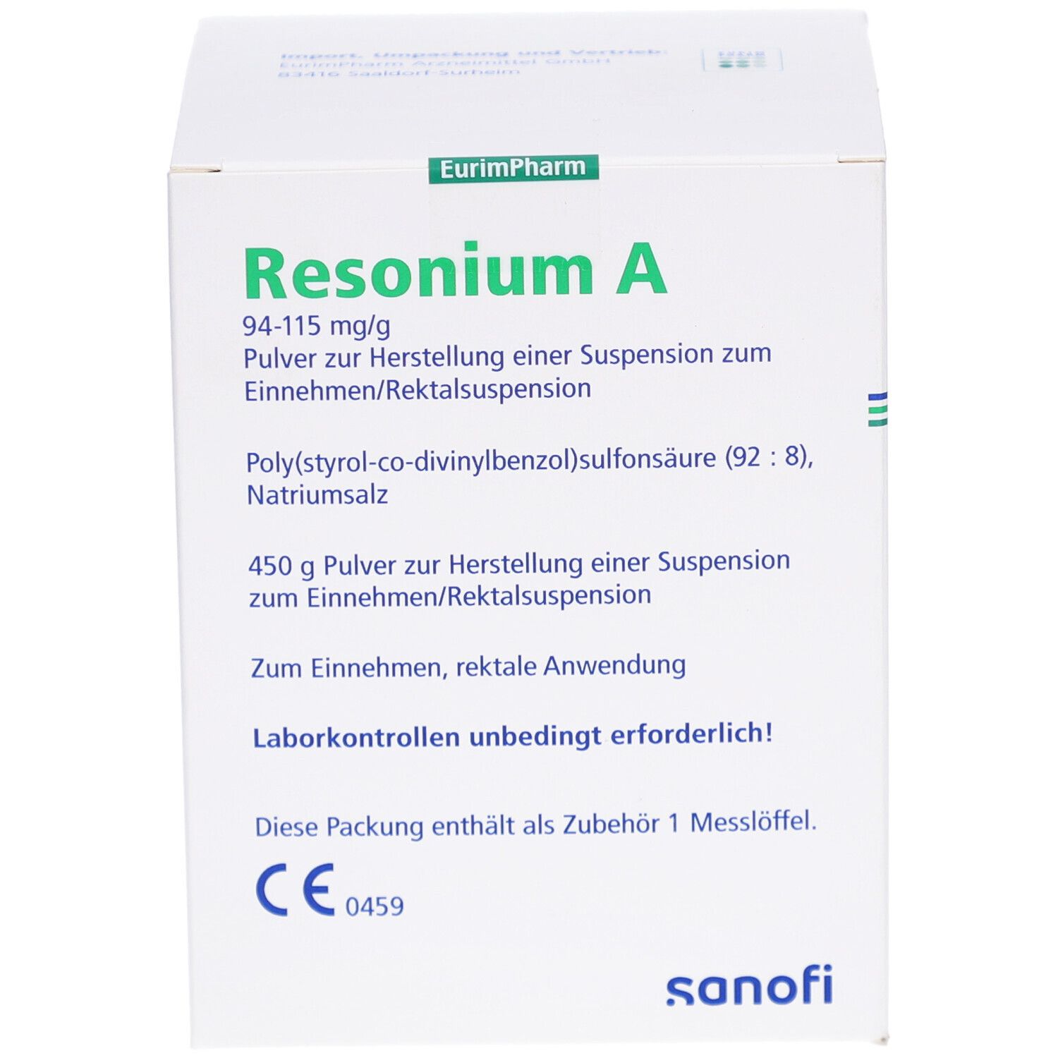 Weiße Faltschachtel mit grüner Aufschrift "Resonium A". Enthält Pulver zur Herstellung einer Suspension. Mit CE-Kennzeichnung.