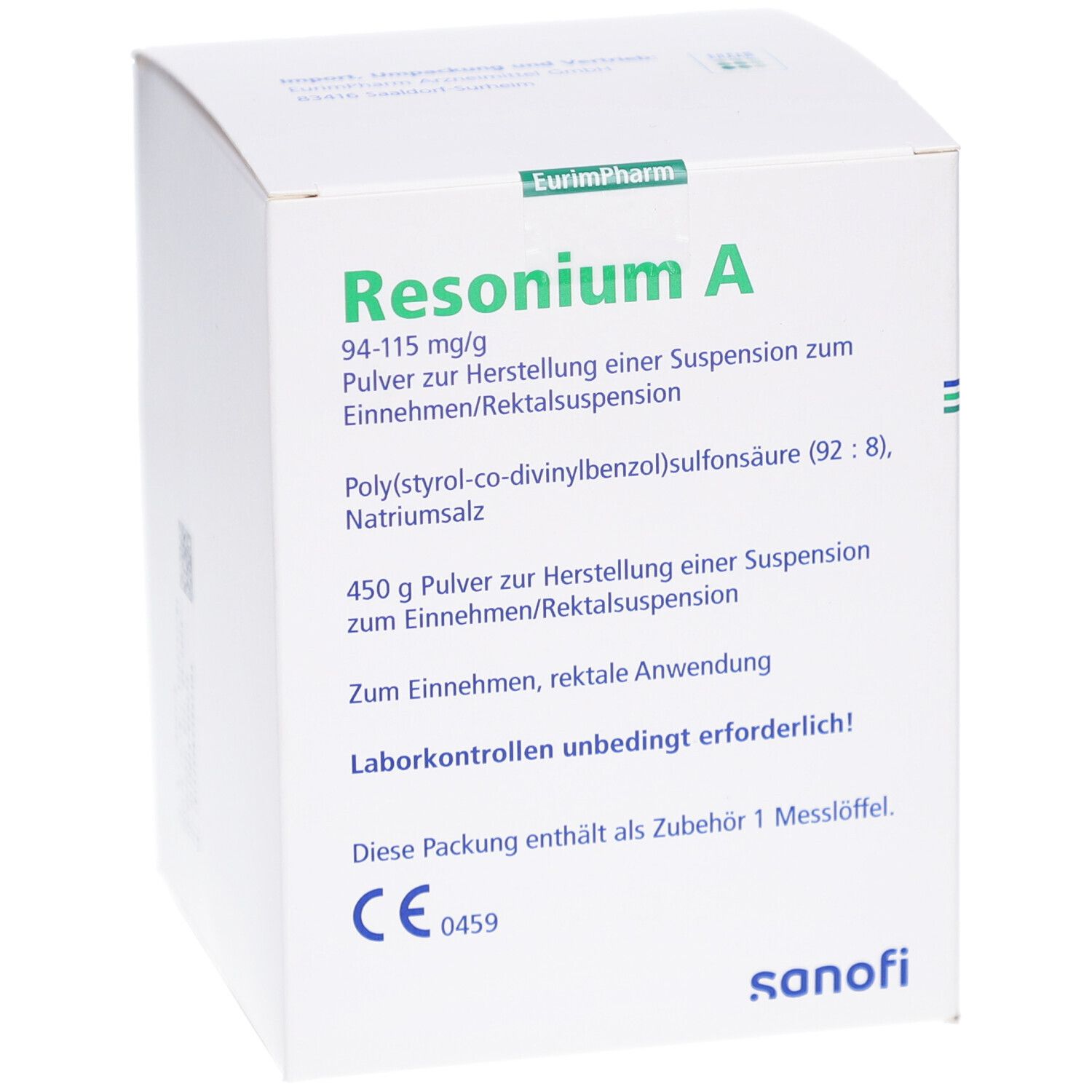Weiße Faltschachtel mit grüner Aufschrift "Resonium A". Enthält Pulver zur Herstellung einer Suspension. Mit CE-Kennzeichnung.