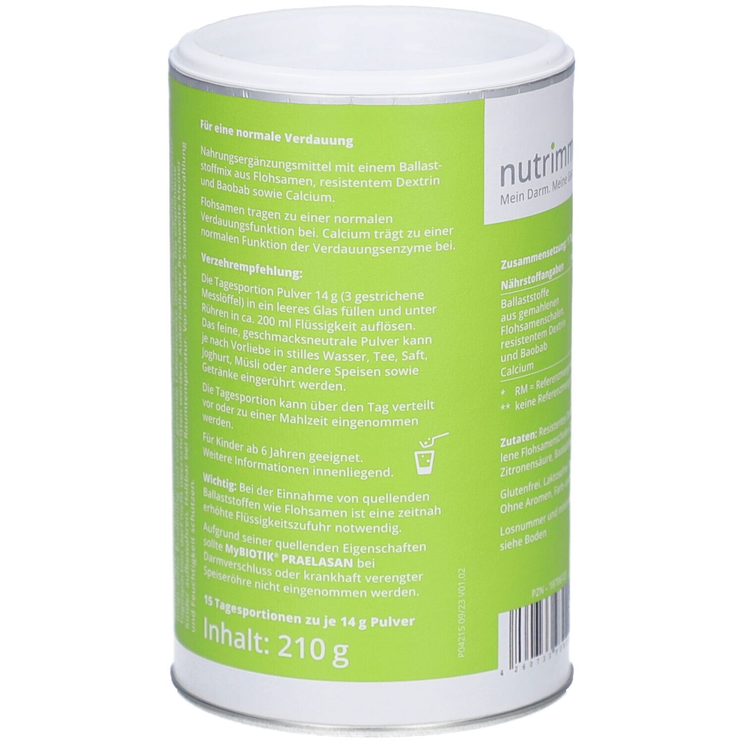 Zylindrische Dose mit weißem Deckel. Aufschrift: MyBiotik Praelasan. Rückseite mit Text und Nährwertangaben. Grün-weißer Hintergrund. 210 g Inhalt.