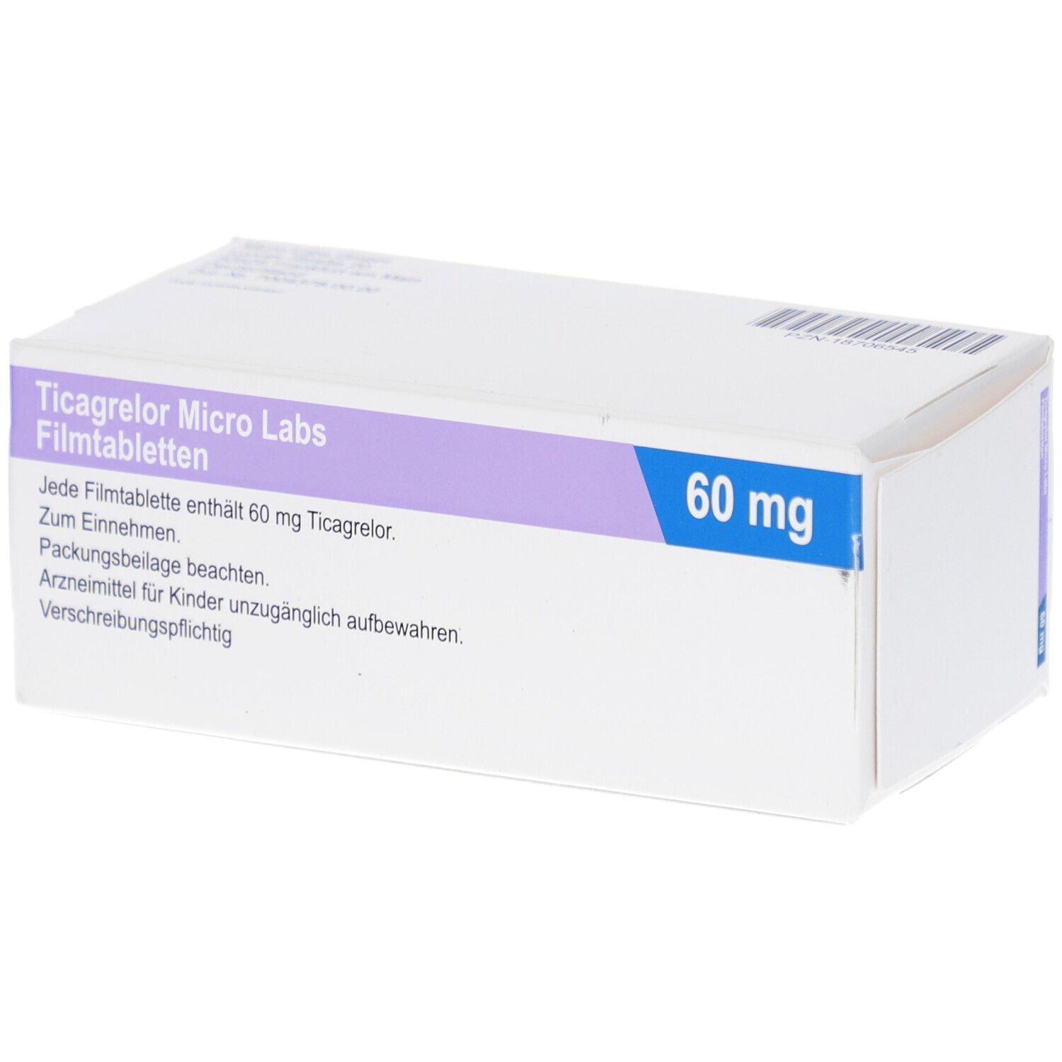Weiße Schachtel mit lila und blauem Streifen. Aufschrift: Ticagrelor Micro Labs Filmtabletten, 60 mg. Text in Deutsch.