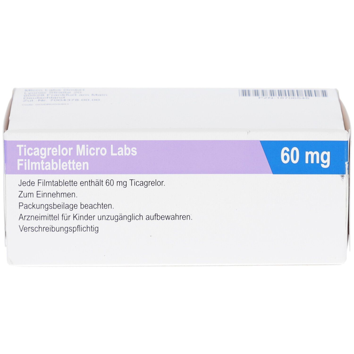Weiße Schachtel mit lila und blauem Streifen. Aufschrift: Ticagrelor Micro Labs Filmtabletten, 60 mg. Text in Deutsch.