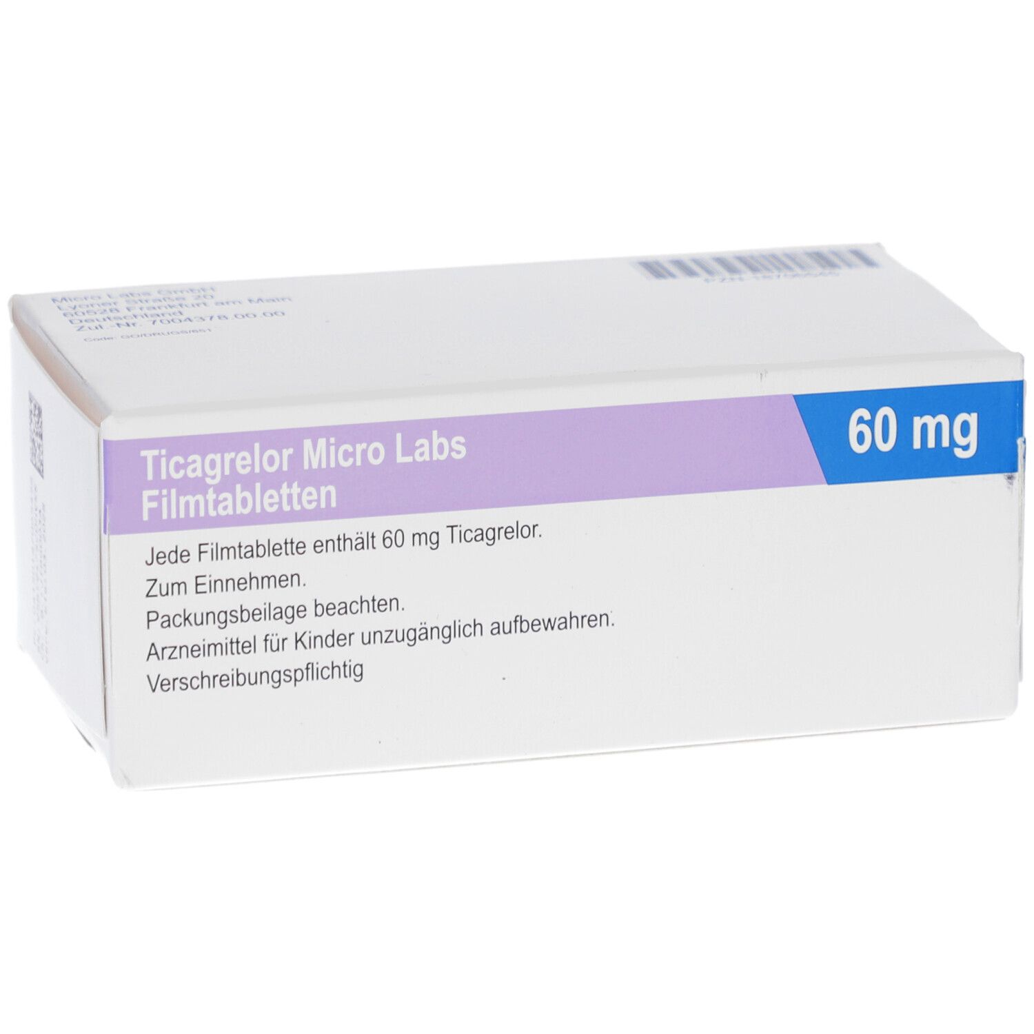 Weiße Schachtel mit lila und blauem Streifen. Aufschrift: Ticagrelor Micro Labs Filmtabletten, 60 mg. Text in Deutsch.