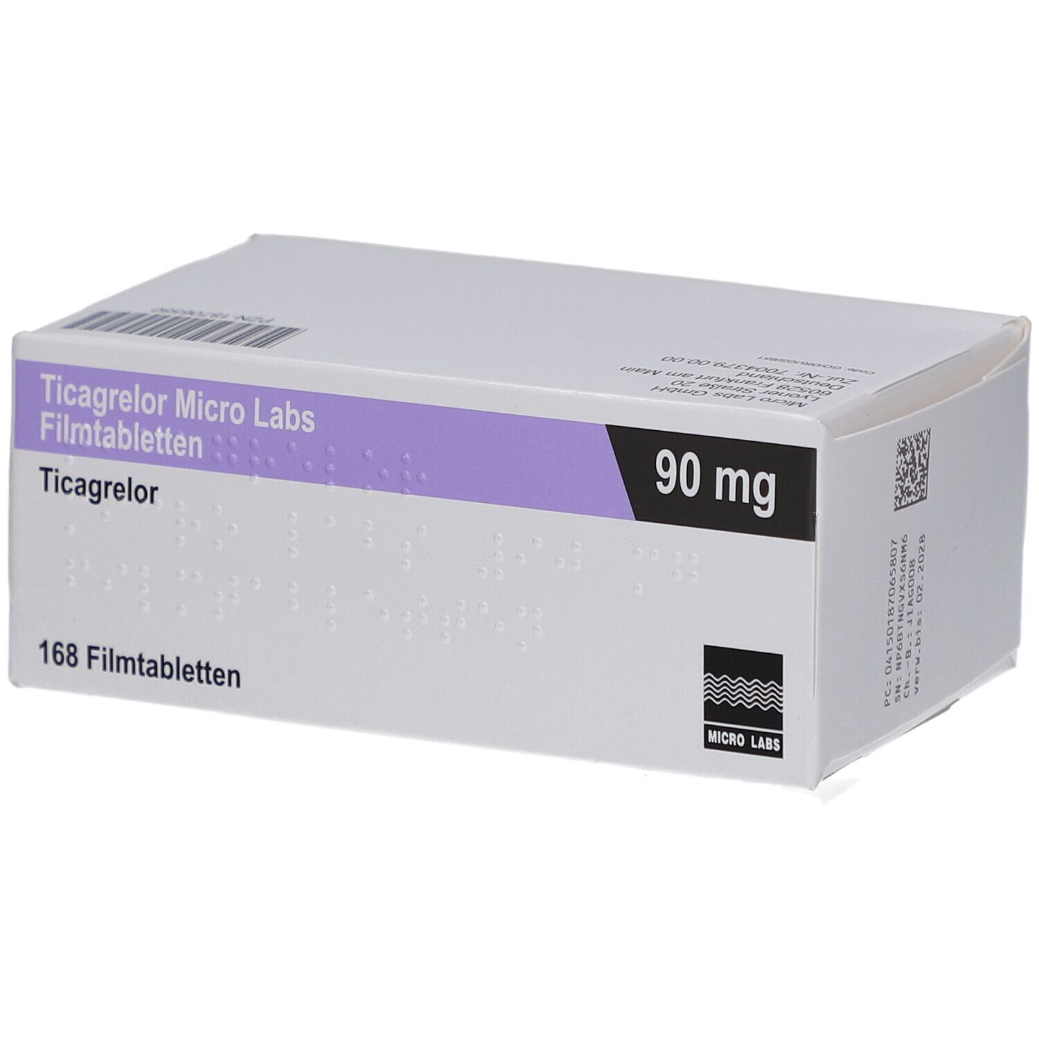 Schachtel mit Ticagrelor Micro Labs 90 mg Filmtabletten. Aufschrift: 168 Filmtabletten, 90 mg. Lila und schwarze Akzente.