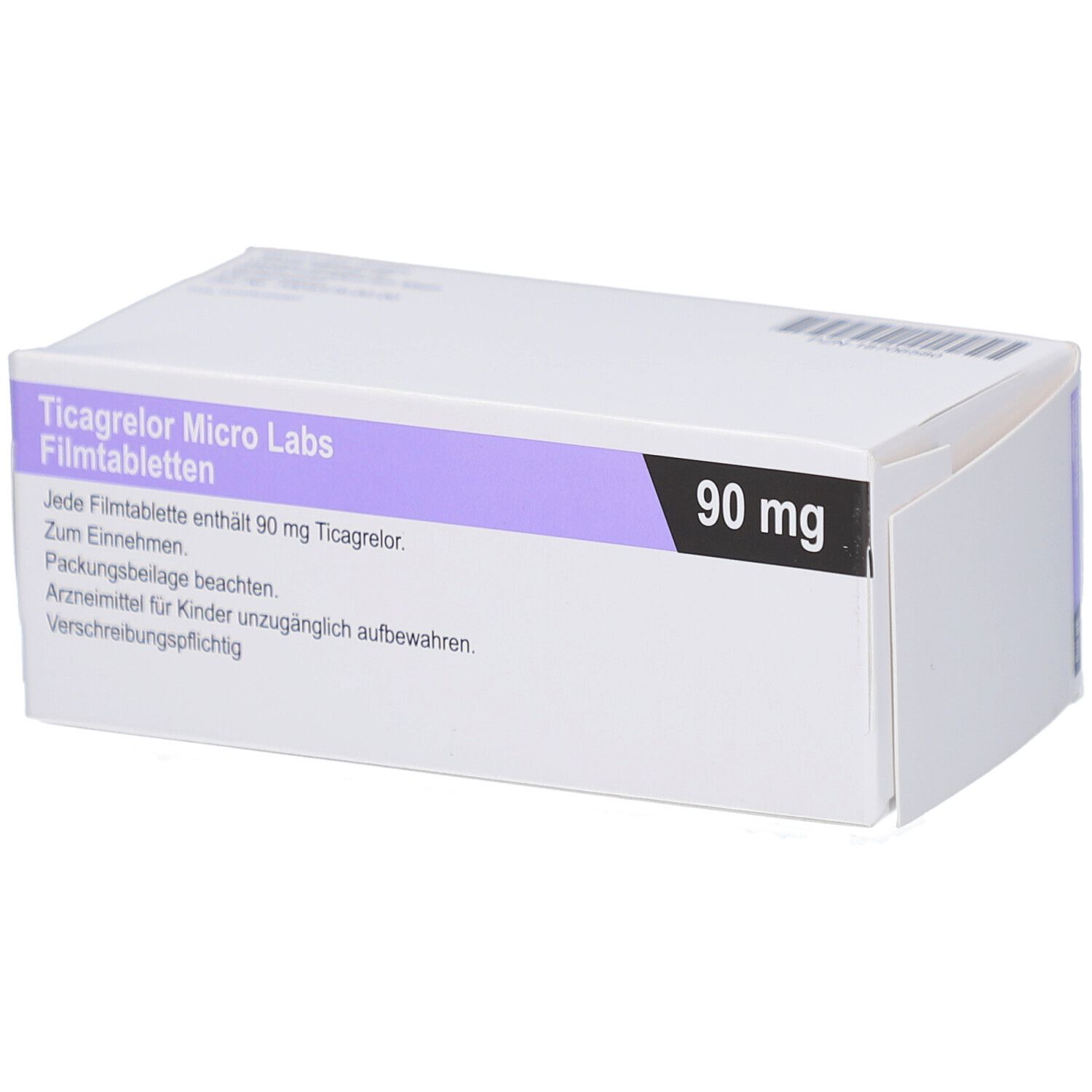 Schachtel mit Ticagrelor Micro Labs 90 mg Filmtabletten. Text auf der Schachtel. Aufschrift: 90 mg. Lila und schwarze Akzente.