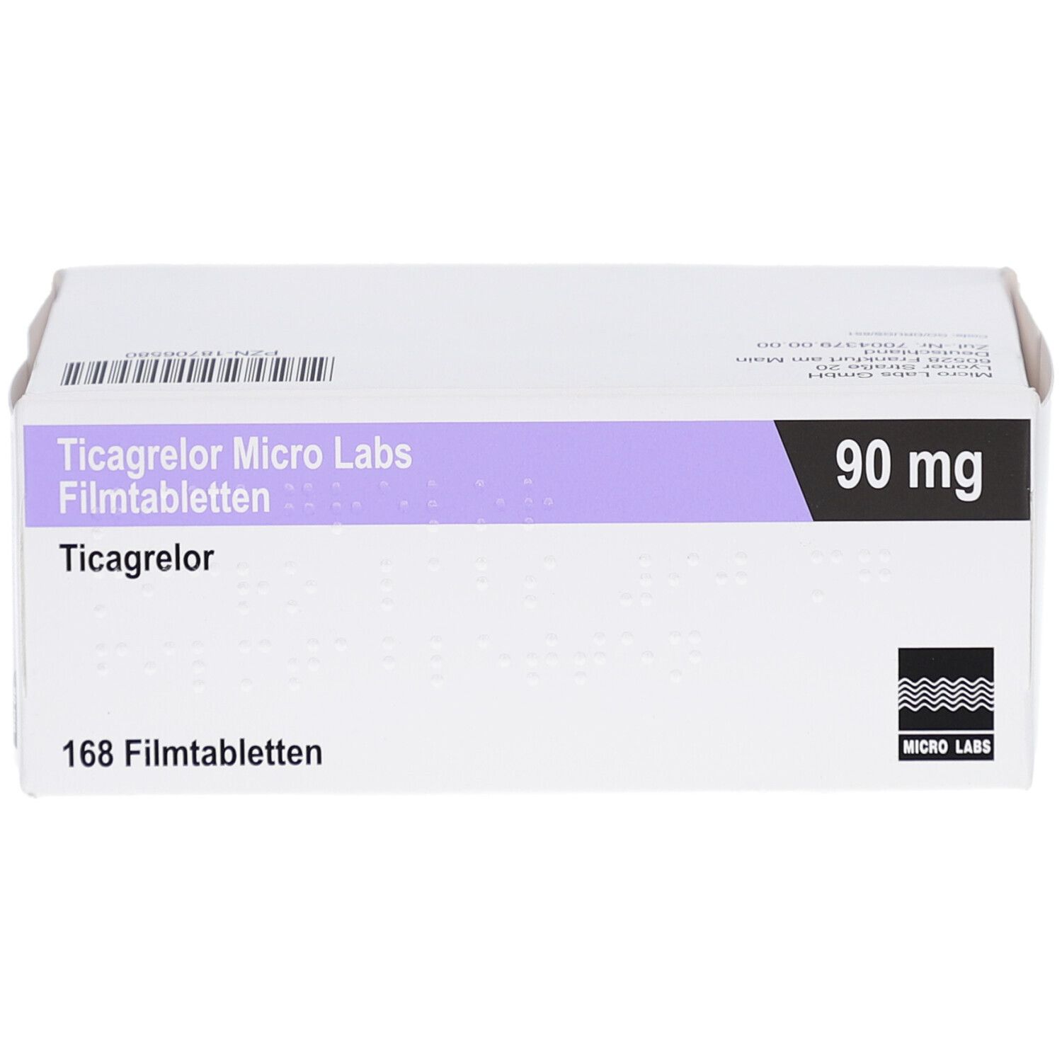 Schachtel mit Ticagrelor Micro Labs 90 mg Filmtabletten. Aufschrift: 168 Filmtabletten, 90 mg. Lila und schwarze Akzente.