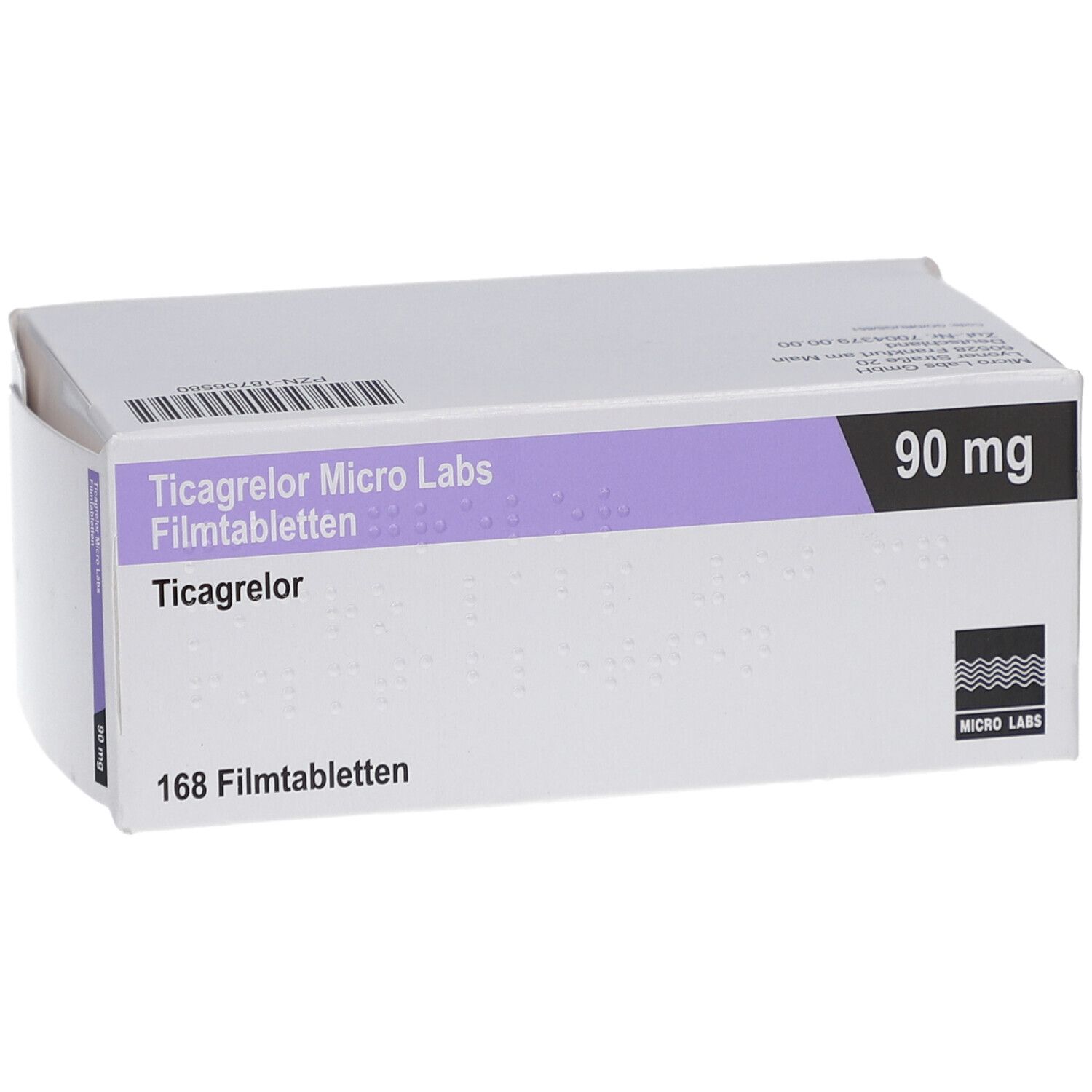 Schachtel mit Ticagrelor Micro Labs 90 mg Filmtabletten. Aufschrift: 168 Filmtabletten, 90 mg. Lila und schwarze Akzente.