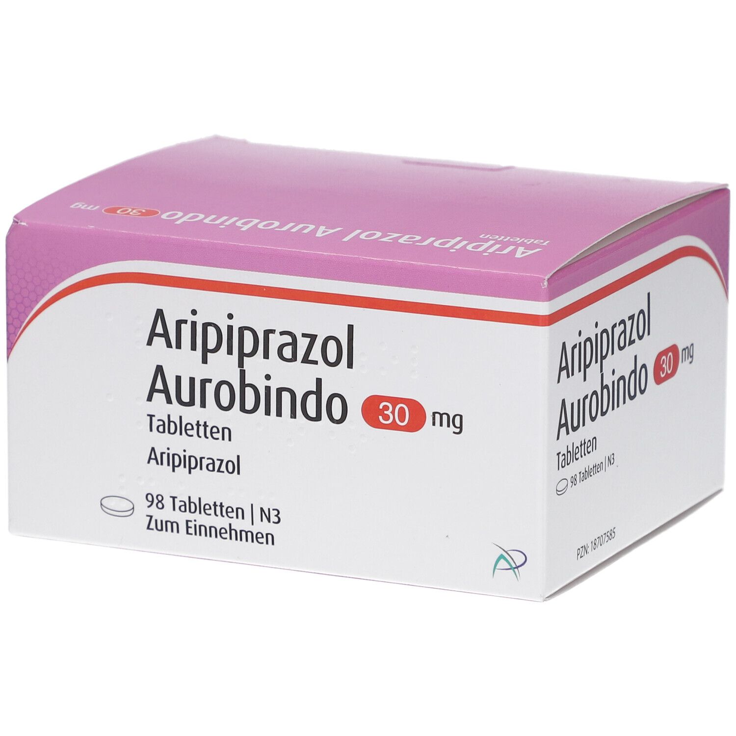 Aripiprazol Aurobindo 30 mg Tabletten-Packung. Rosa-weiße Schachtel mit Produktnamen und Dosierung. Enthält 98 Tabletten.