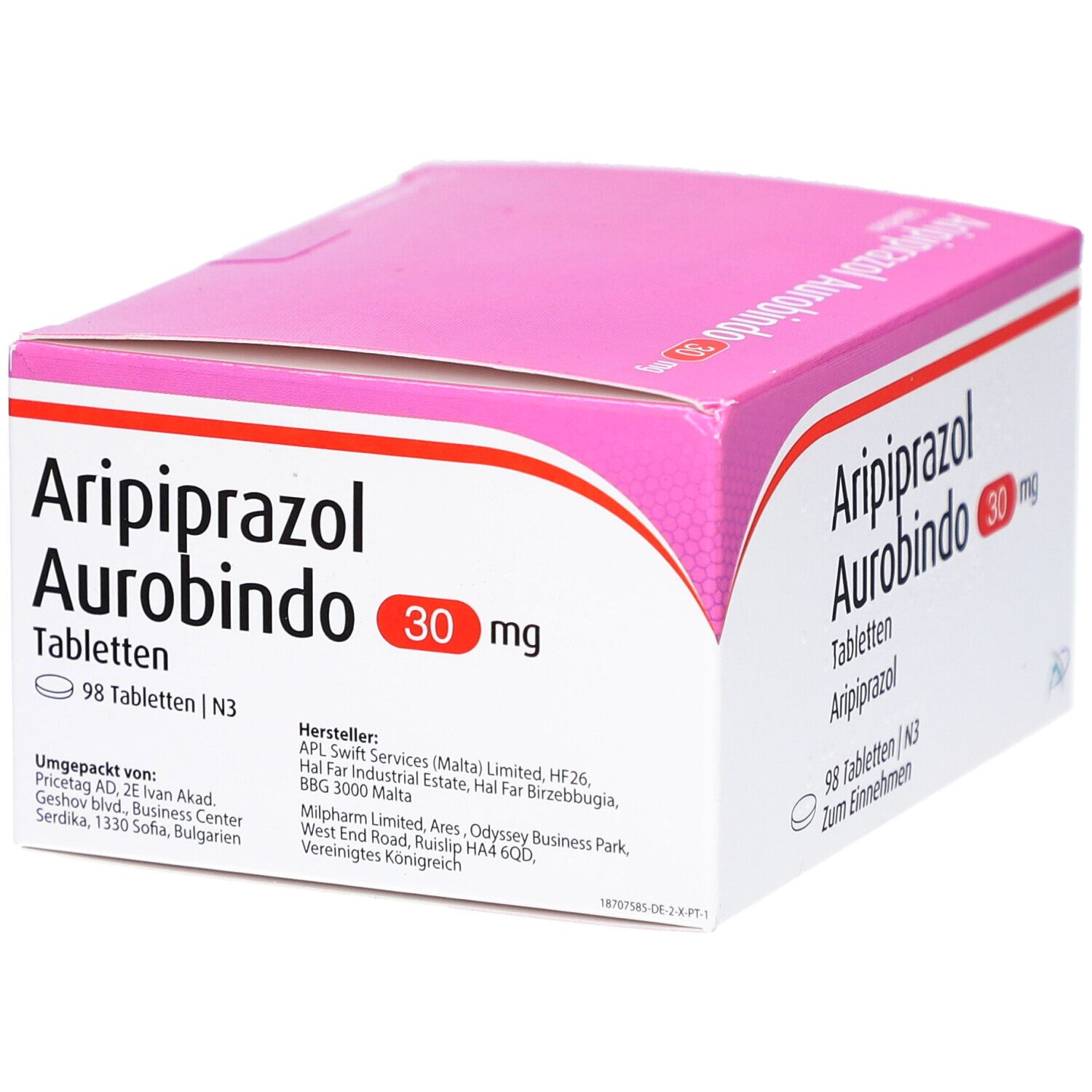 Aripiprazol Aurobindo 30 mg Tabletten-Packung. Rosa-weiße Schachtel mit Produktnamen und Dosierung. Enthält 98 Tabletten.
