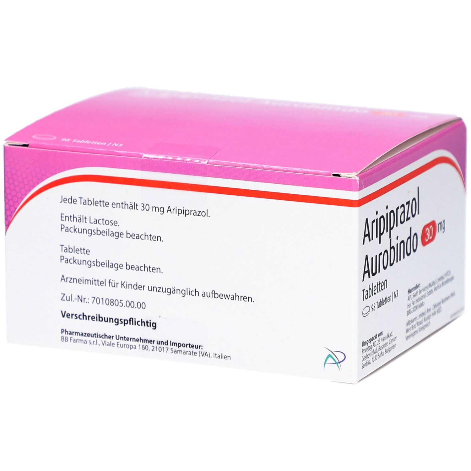 Aripiprazol Aurobindo 30 mg Tabletten-Packung. Rosa-weiße Schachtel mit Produktnamen und Dosierung. Enthält 98 Tabletten.
