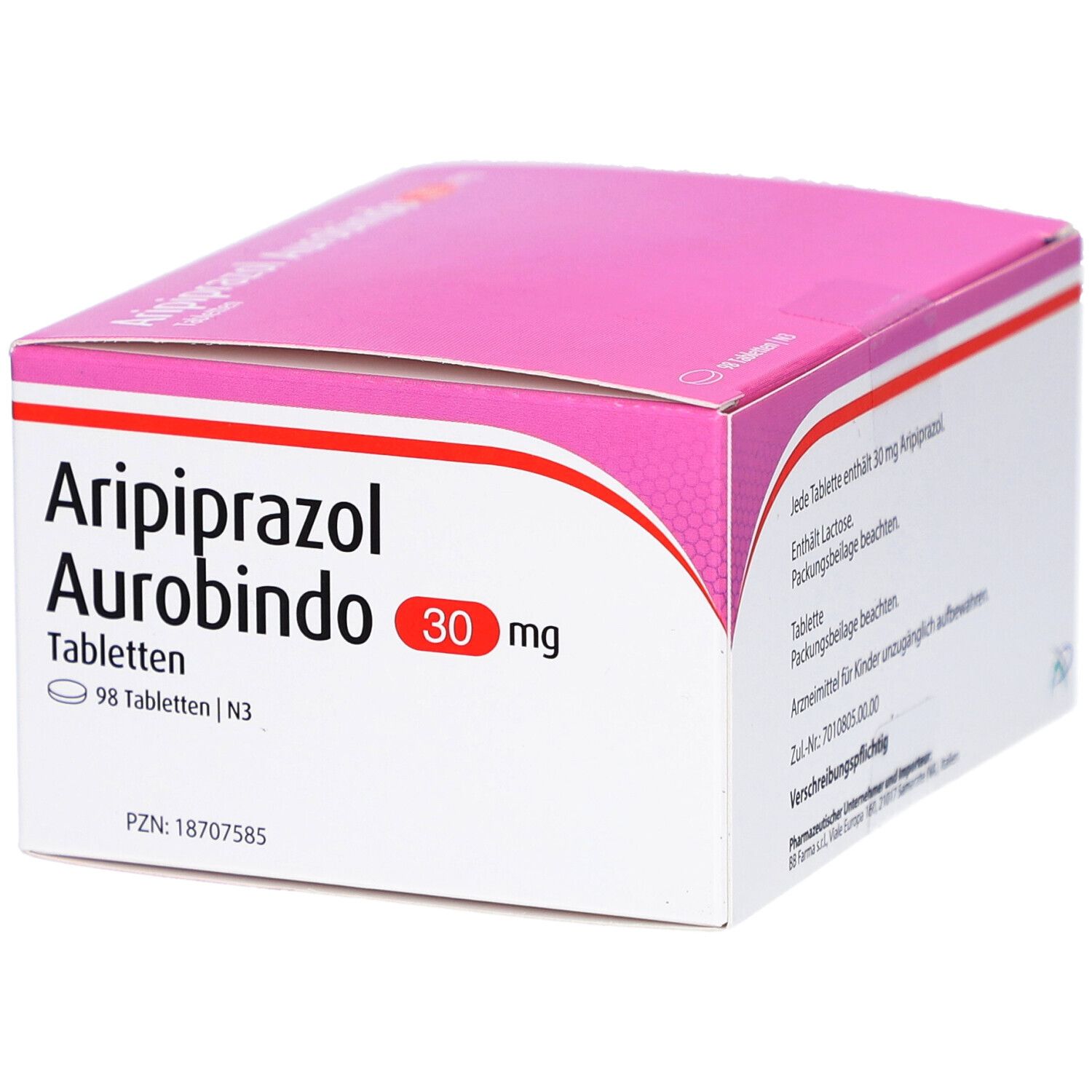 Aripiprazol Aurobindo 30 mg Tabletten-Packung. Rosa-weiße Schachtel mit Produktnamen und Dosierung. Enthält 98 Tabletten.