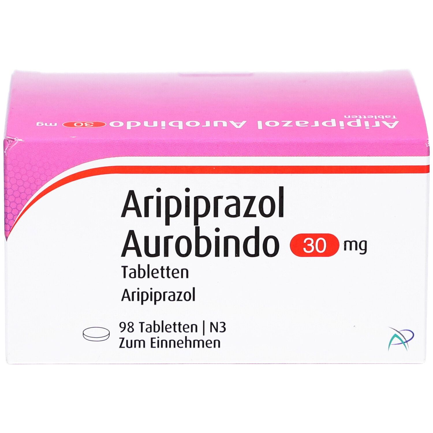 Aripiprazol Aurobindo 30 mg Tabletten-Packung. Rosa-weiße Schachtel mit Produktnamen und Dosierung. Enthält 98 Tabletten.