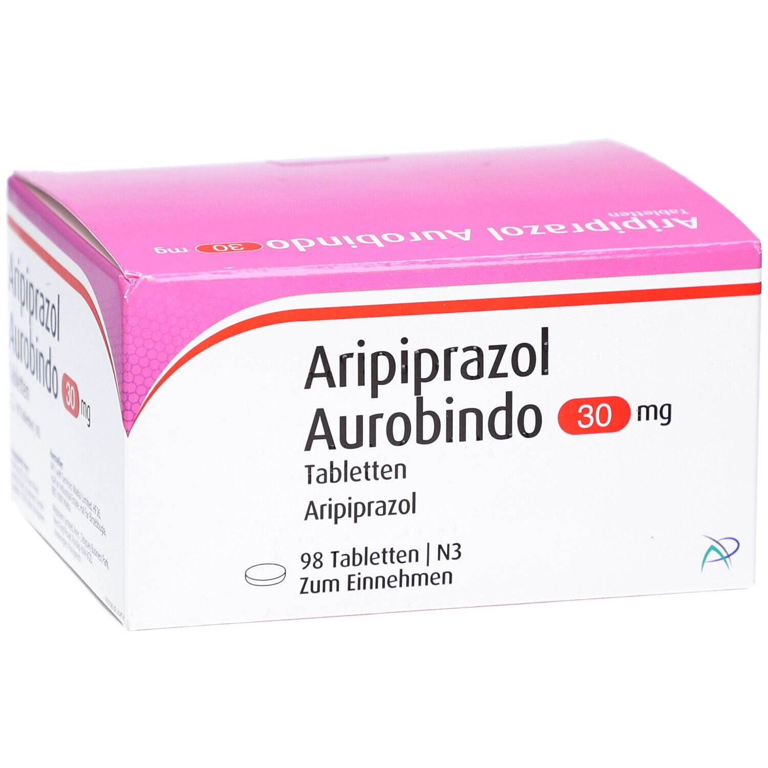 Aripiprazol Aurobindo 30 mg Tabletten-Packung. Rosa-weiße Schachtel mit Produktnamen und Dosierung. Enthält 98 Tabletten.