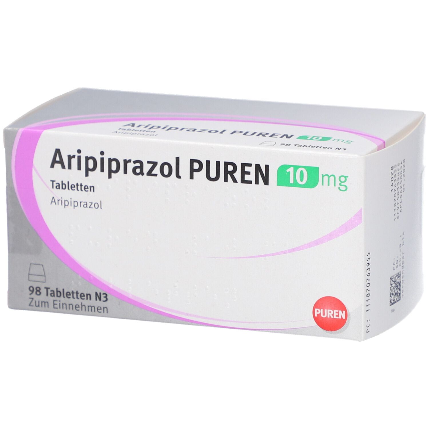 Schachtel mit Tabletten. Aufschrift: Aripiprazol PUREN 10 mg. 98 Tabletten. PUREN-Logo.