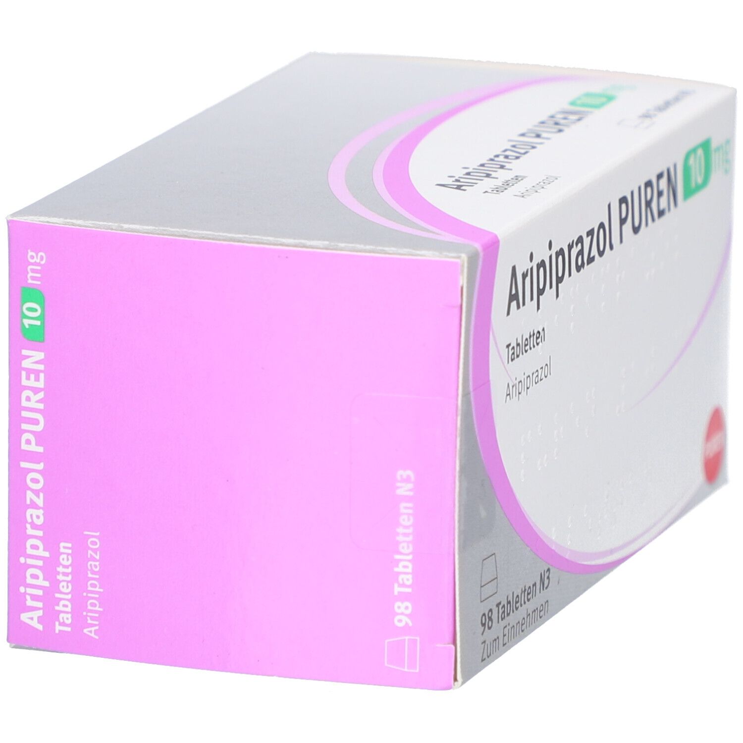 Schachtel mit Tabletten, schräg. Aufschrift: Aripiprazol PUREN 10 mg. 98 Tabletten. PUREN-Logo.