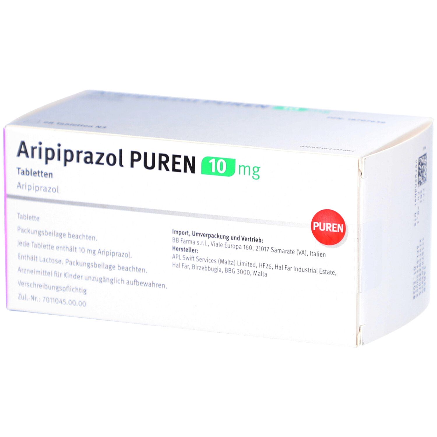 Schachtel mit Tabletten. Aufschrift: Aripiprazol PUREN 10 mg. PUREN-Logo. Informationen auf der Rückseite.