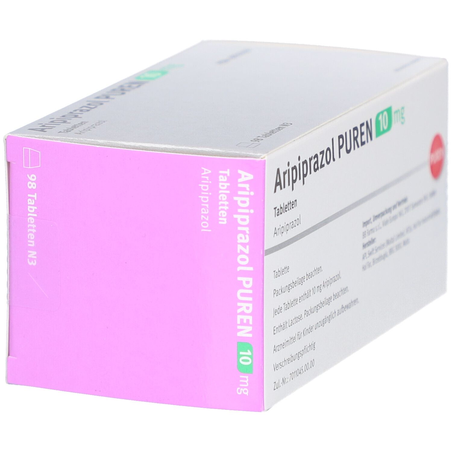 Schachtel mit Tabletten, schräg. Aufschrift: Aripiprazol PUREN 10 mg. 98 Tabletten. PUREN-Logo.