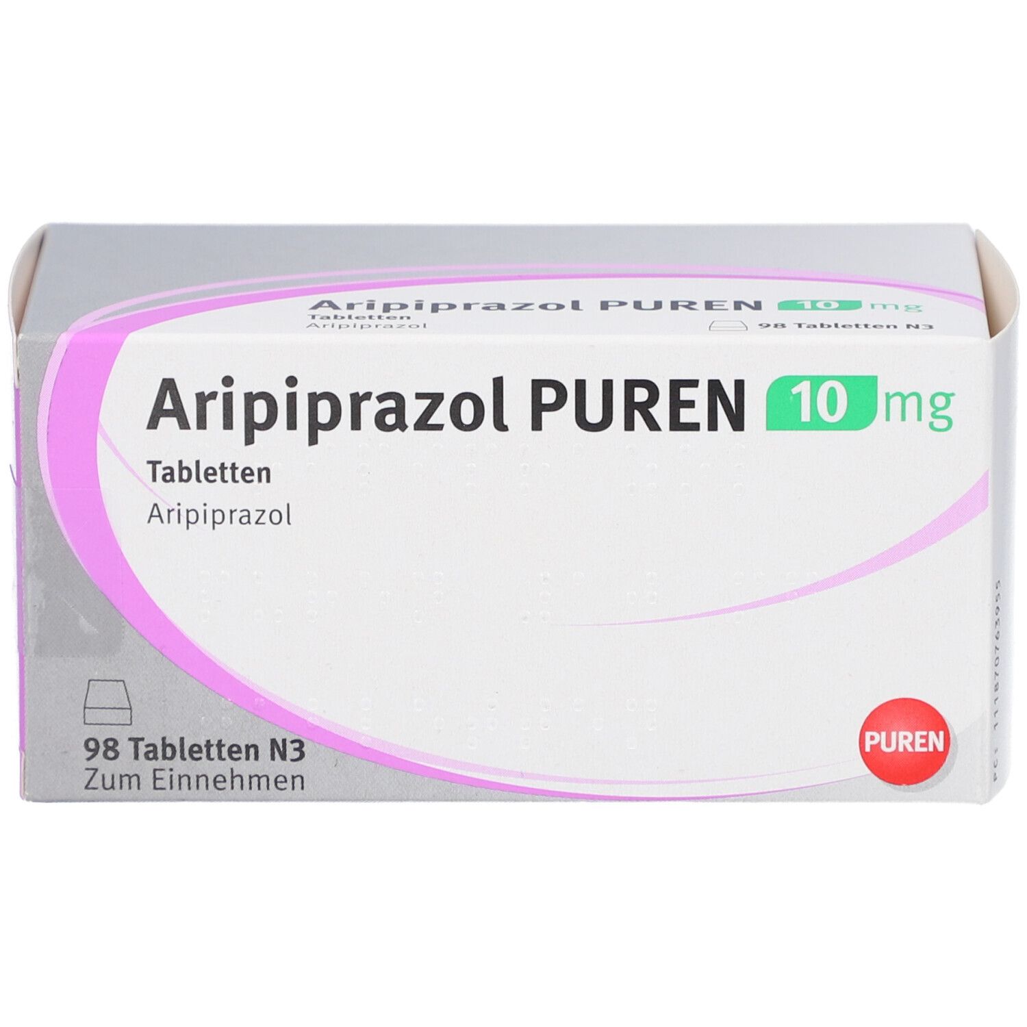 Schachtel mit Tabletten. Aufschrift: Aripiprazol PUREN 10 mg. 98 Tabletten. PUREN-Logo.