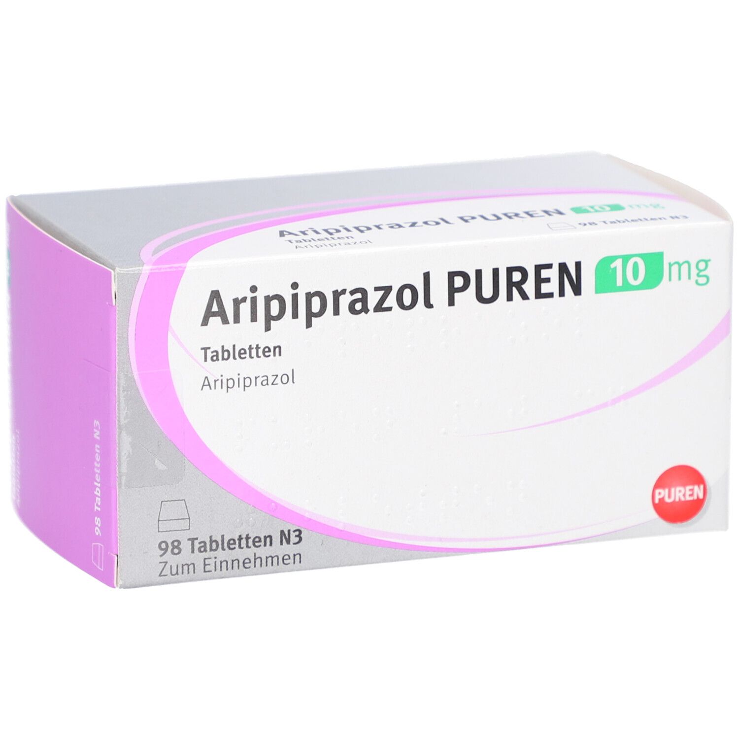 Schachtel mit Tabletten, schräg. Aufschrift: Aripiprazol PUREN 10 mg. 98 Tabletten. PUREN-Logo.