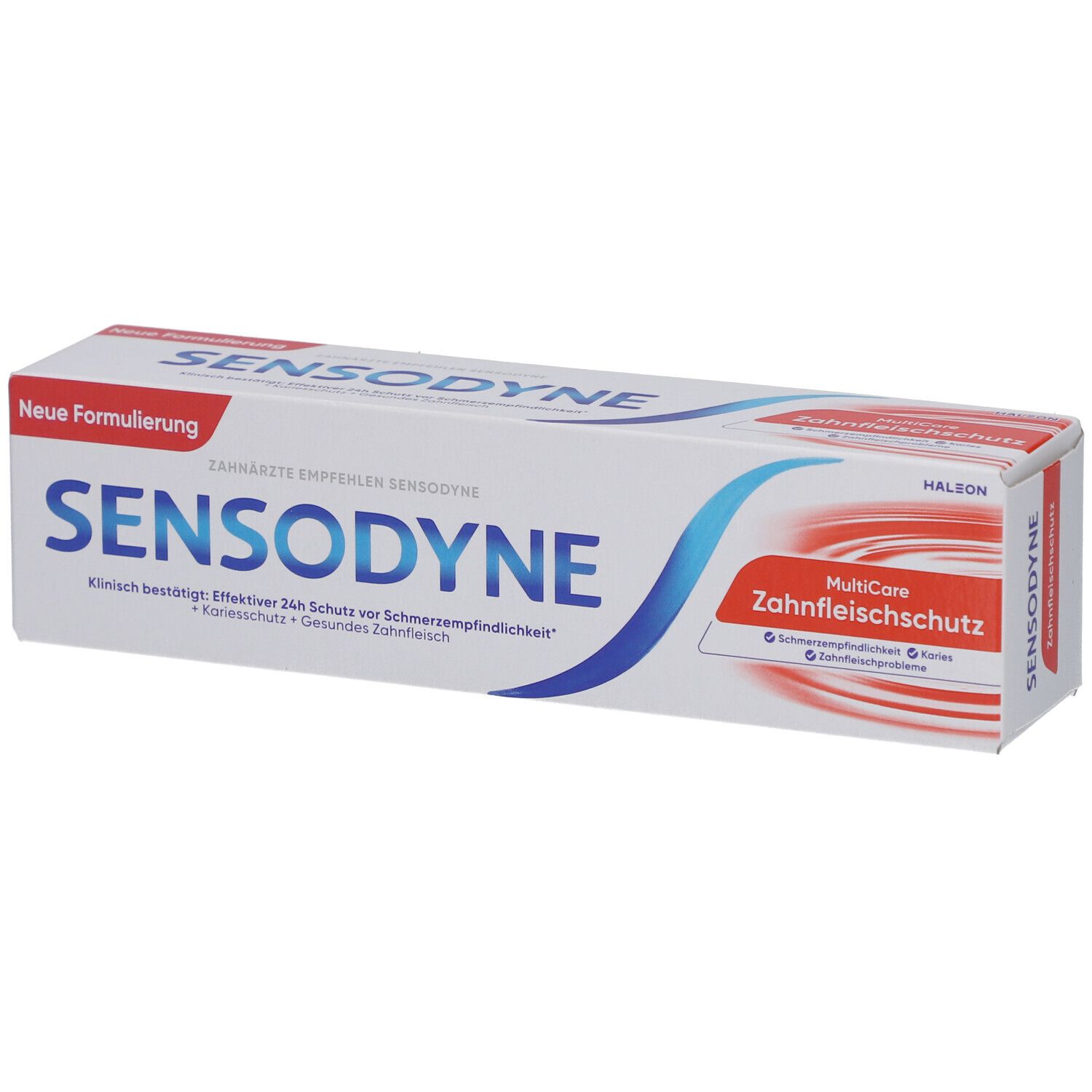 Zahnpasta-Verpackung von Sensodyne MultiCare Zahnfleischschutz. Weiß, blau und rot. Text: Neue Formulierung, Sensodyne, Zahnfleischschutz.