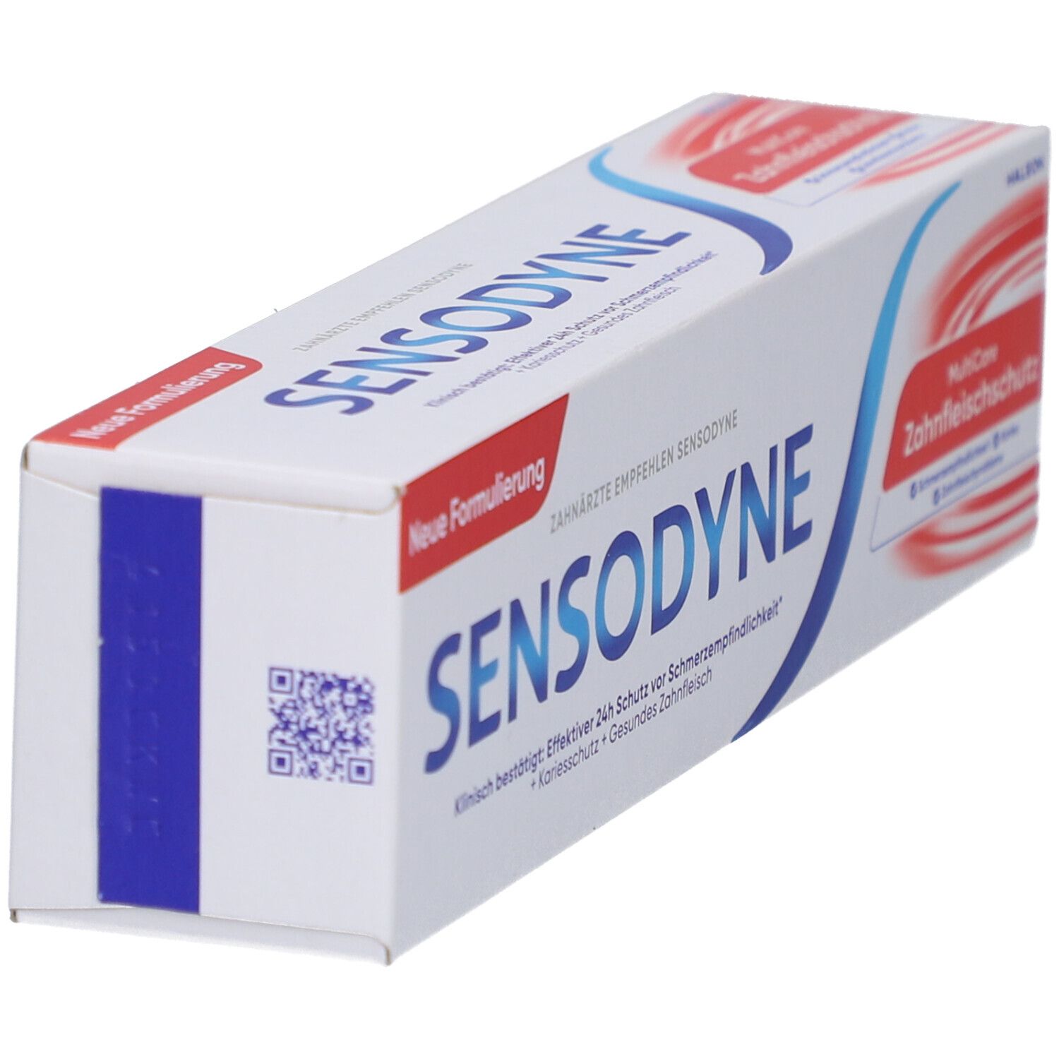 Zahnpasta-Verpackung von Sensodyne. Weiß mit blauem und rotem Design. QR-Code und Text: Neue Formulierung, Sensodyne, Zahnfleischschutz.