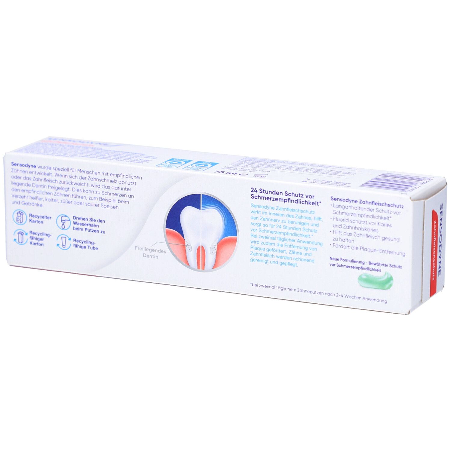 Rückseite der Sensodyne MultiCare Zahnfleischschutz Zahnpasta-Verpackung. Text und Illustrationen. 24 Stunden Schutz vor Schmerzempfindlichkeit.