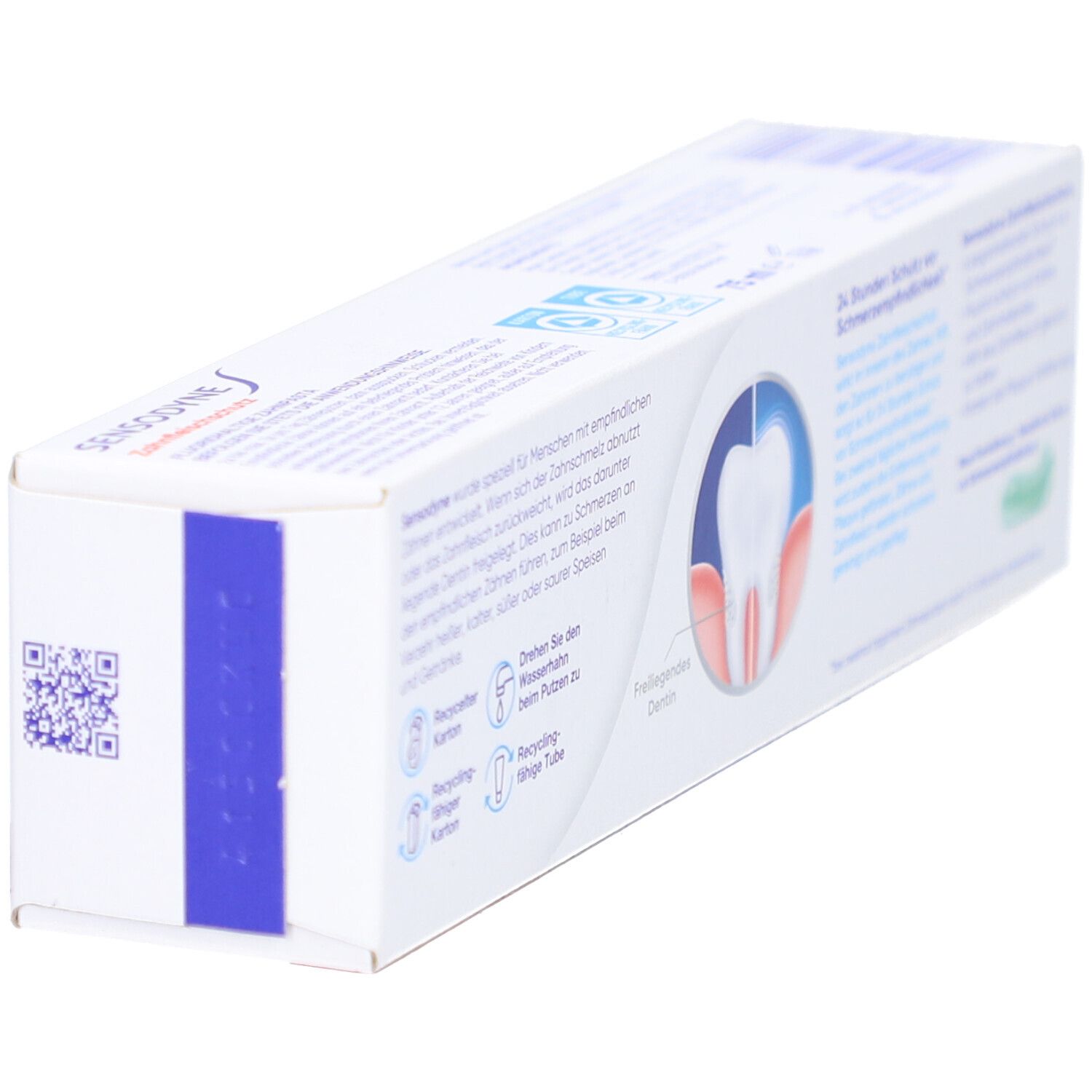Seite der Sensodyne MultiCare Zahnfleischschutz Zahnpasta-Verpackung. Text und Illustrationen. Recycling-Symbole und QR-Code.