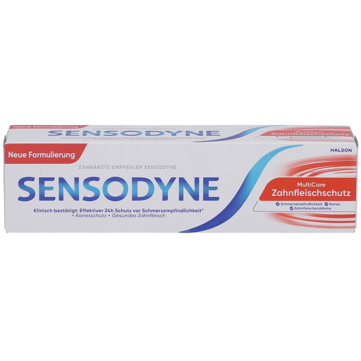 Zahnpasta-Verpackung von Sensodyne MultiCare Zahnfleischschutz. Weiß, blau und rot. Text: Neue Formulierung, Sensodyne, Zahnfleischschutz.