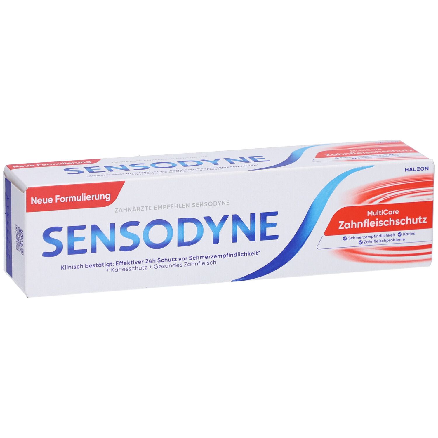 Zahnpasta-Verpackung von Sensodyne MultiCare Zahnfleischschutz. Weiß, blau und rot. Text: Neue Formulierung, Sensodyne, Zahnfleischschutz.