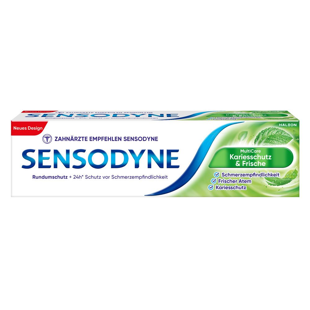 Zahnpasta-Tube Sensodyne MultiCare Kariesschutz & Frische. Weiß, blau und grün. Text: Sensodyne, Kariesschutz & Frische.