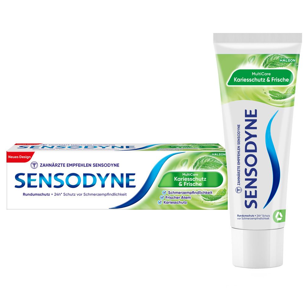 Zahnpasta-Tube und -Verpackung Sensodyne MultiCare Kariesschutz & Frische. Weiß, blau und grün. Text: Sensodyne, Kariesschutz & Frische.