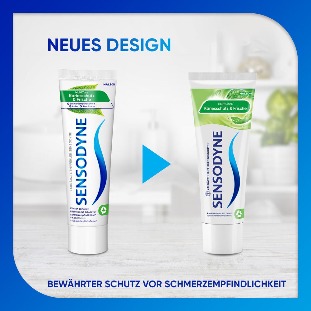 Zahnpasta-Tuben Sensodyne MultiCare Kariesschutz & Frische. Text: Sensodyne, Kariesschutz & Frische. Vergleich. Hintergrund: blau.