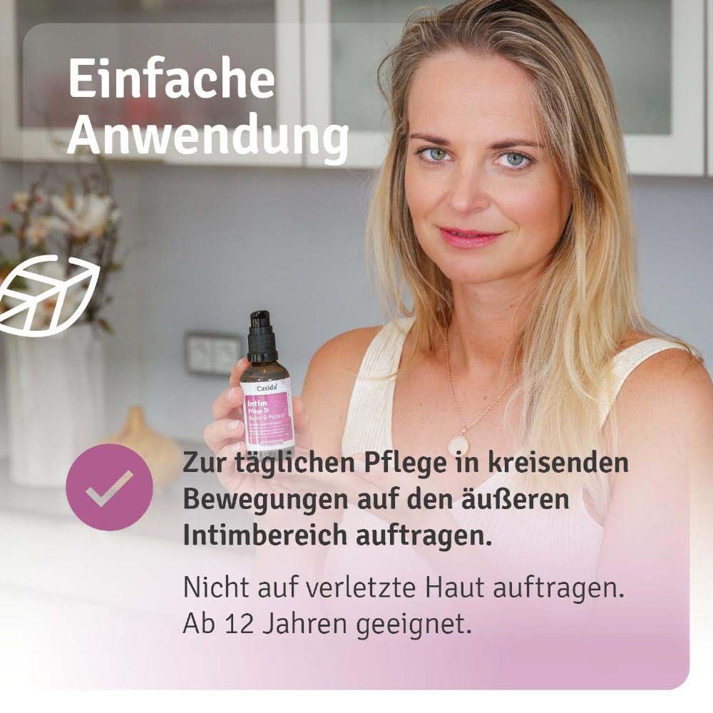 Frau hält Produktflasche. Text: Zur täglichen Pflege in kreisenden Bewegungen. Nicht auf verletzte Haut auftragen. Ab 12 Jahren geeignet.