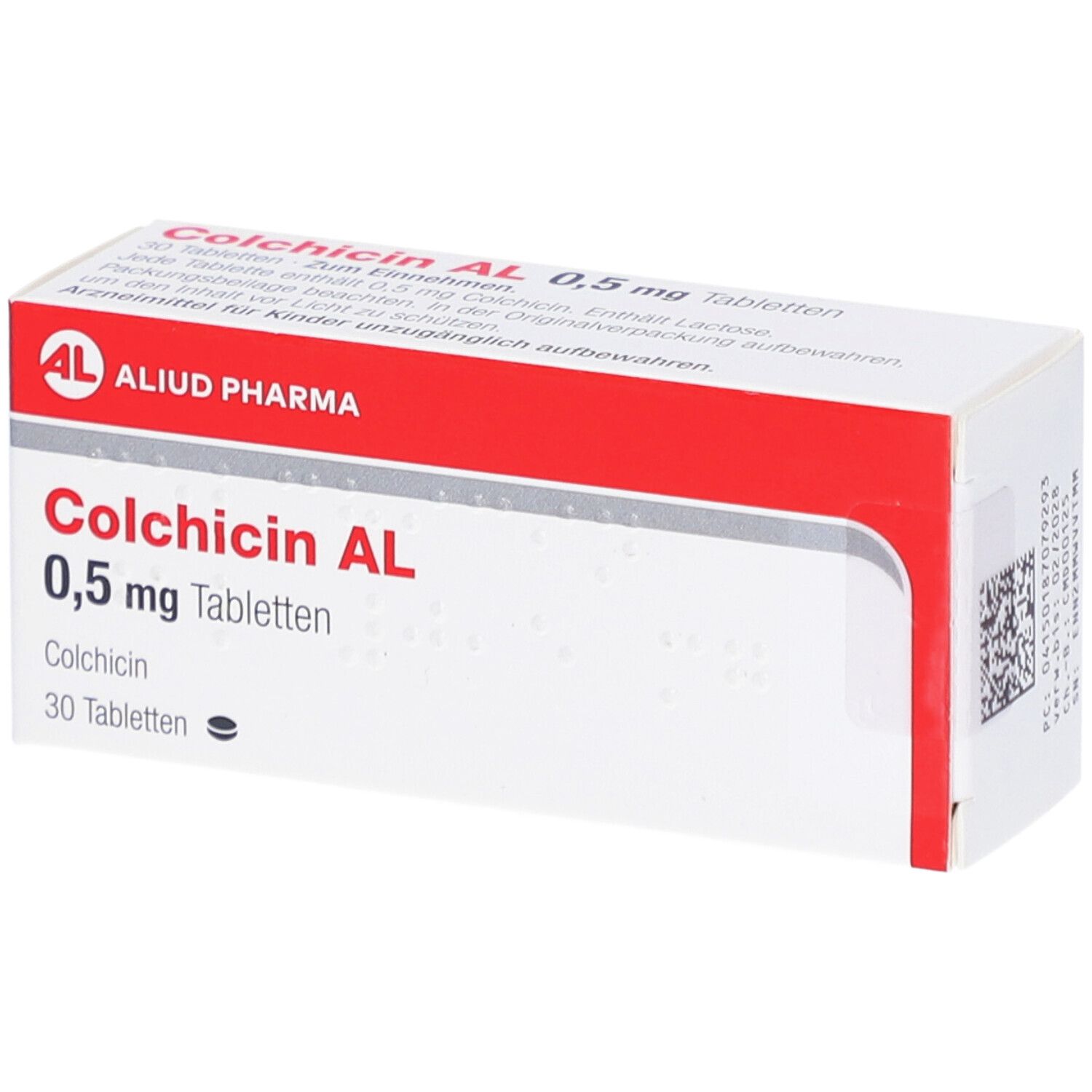 Schachtel mit COLCHICIN AL 0,5 mg Tabletten. Rote und weiße Verpackung. Text: AL, Aliud Pharma, 30 Tabletten.