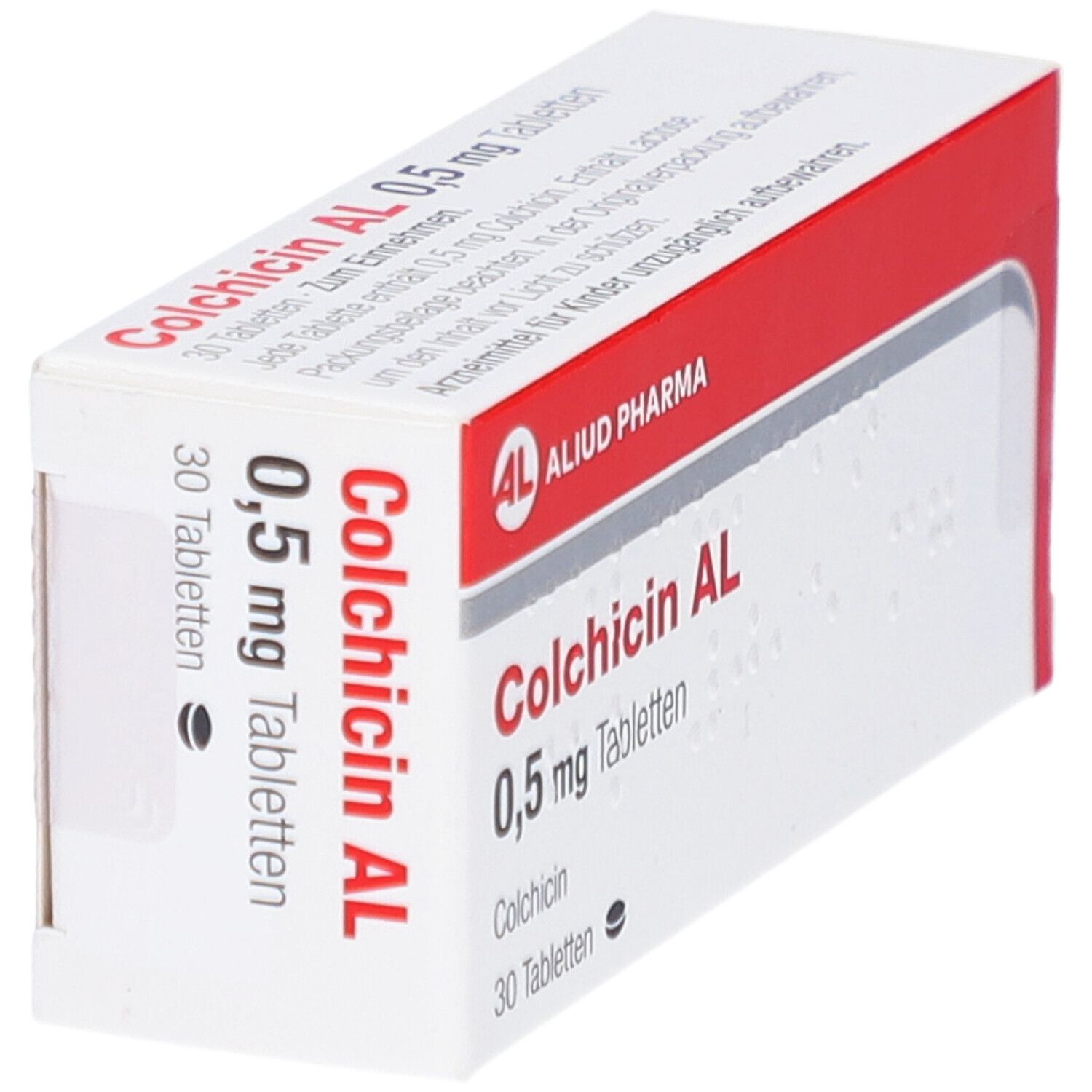 Schachtel COLCHICIN AL 0,5 mg Tabletten. Rote und weiße Verpackung. Text: AL, Aliud Pharma, 30 Tabletten.