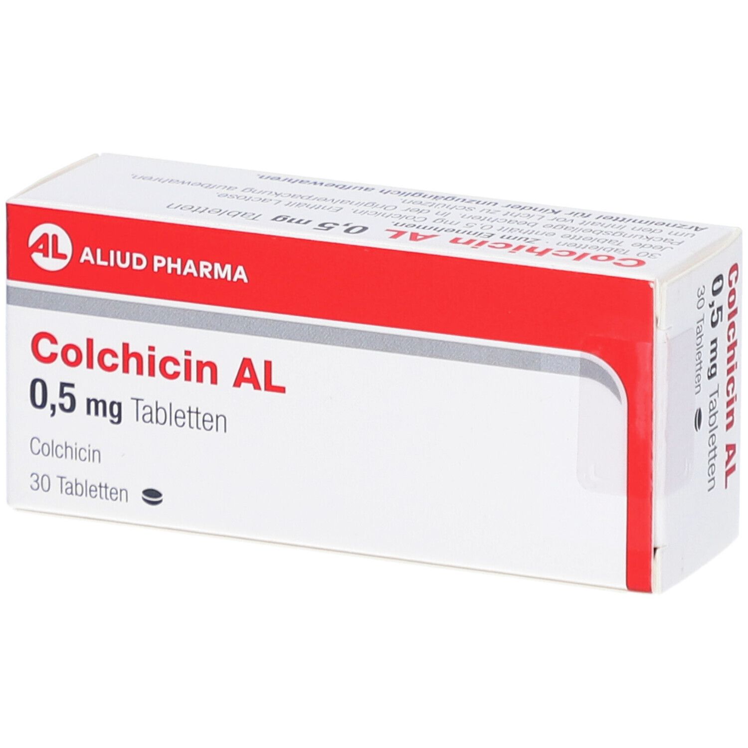 Schachtel mit COLCHICIN AL 0,5 mg Tabletten. Rote und weiße Verpackung. Text: AL, Aliud Pharma, 30 Tabletten.