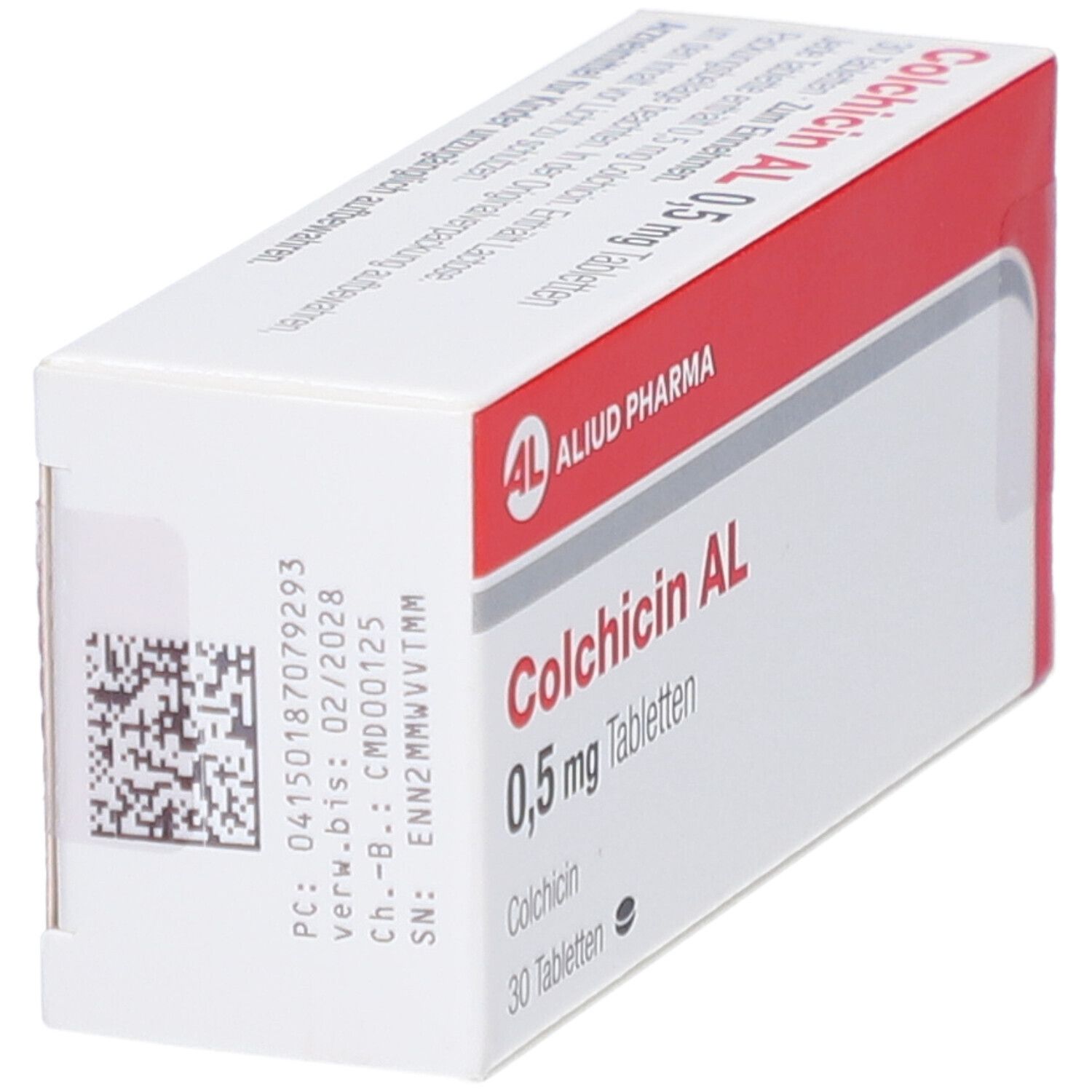 Schachtel COLCHICIN AL 0,5 mg Tabletten. Rote und weiße Verpackung. Text: AL, Aliud Pharma, 30 Tabletten. Barcode.